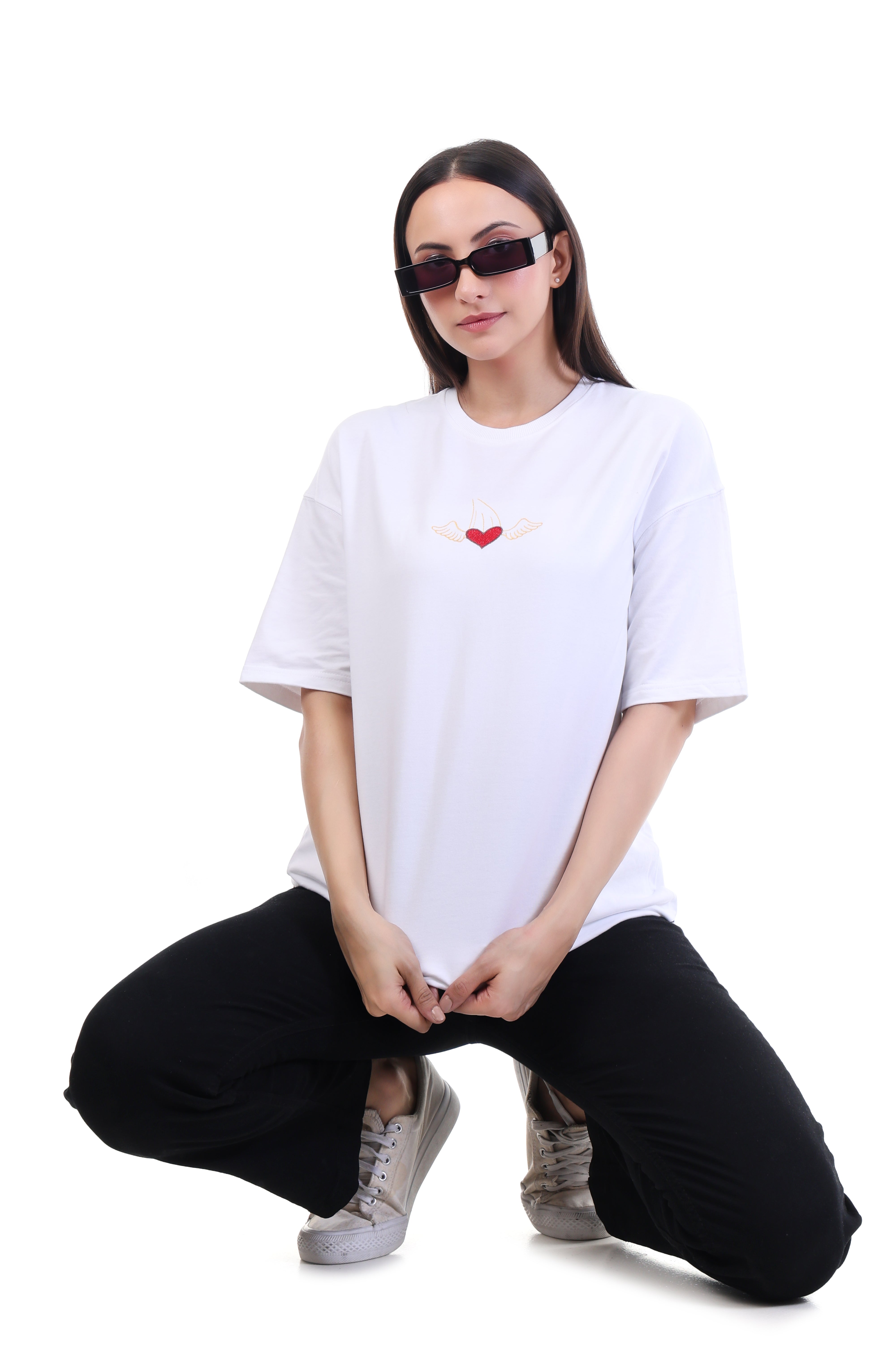 Heart in Flight â White Winged Heart Embroidered T-Shirt for Women