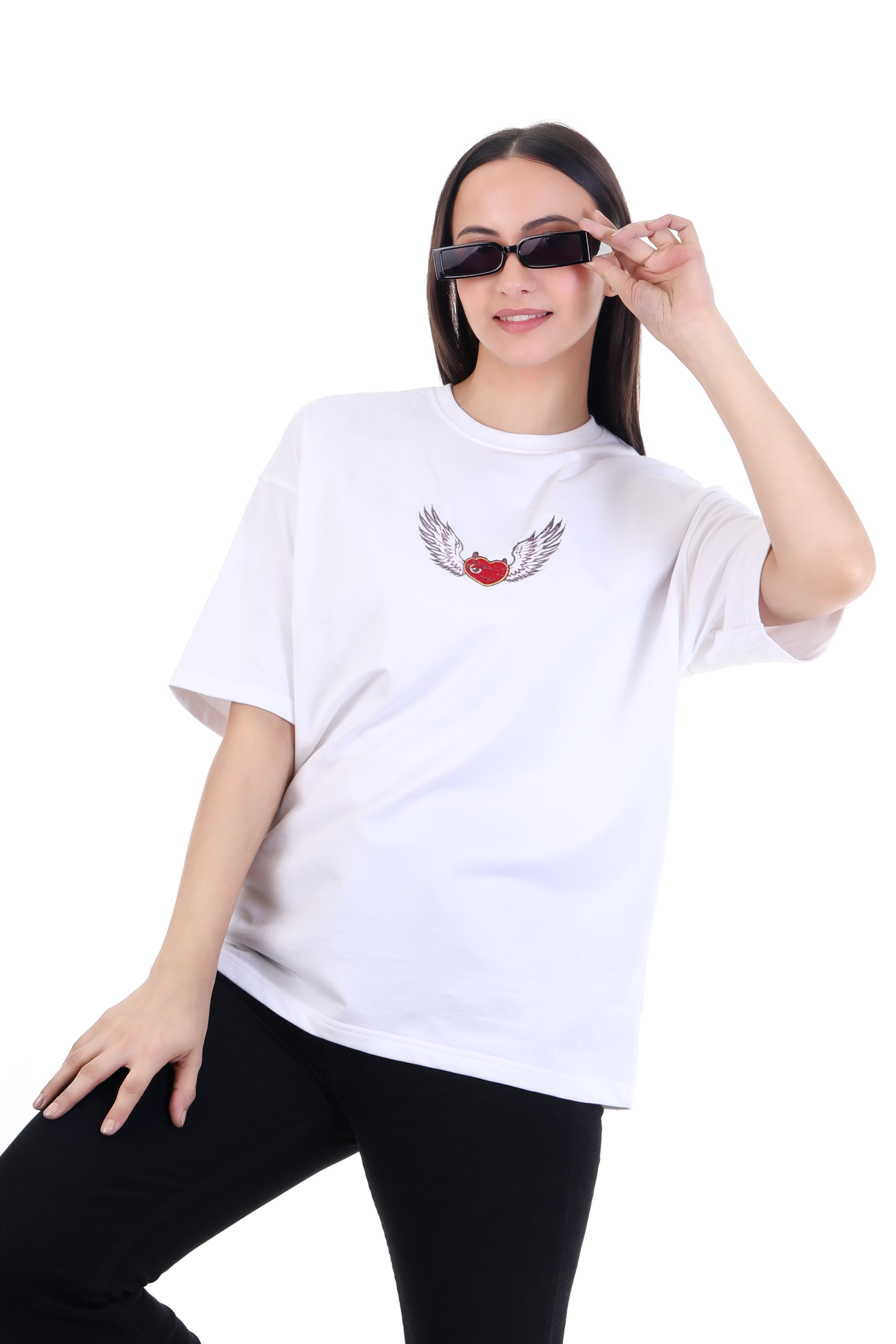 Rebel Heart â White Attitude Winged Heart T-Shirt for Women