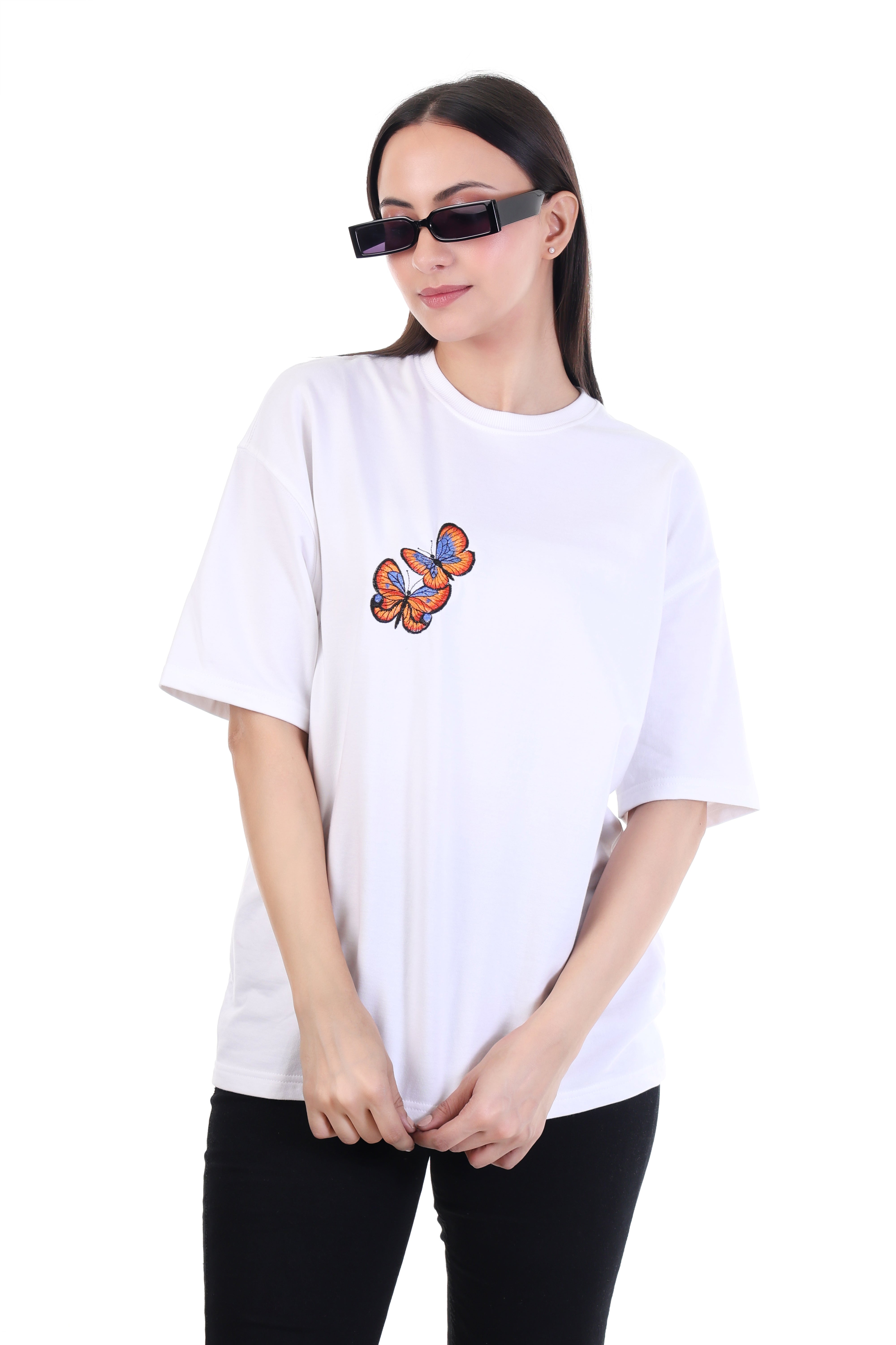 Skyflutter â White Blue Butterfly Embroidered T-Shirt for Women
