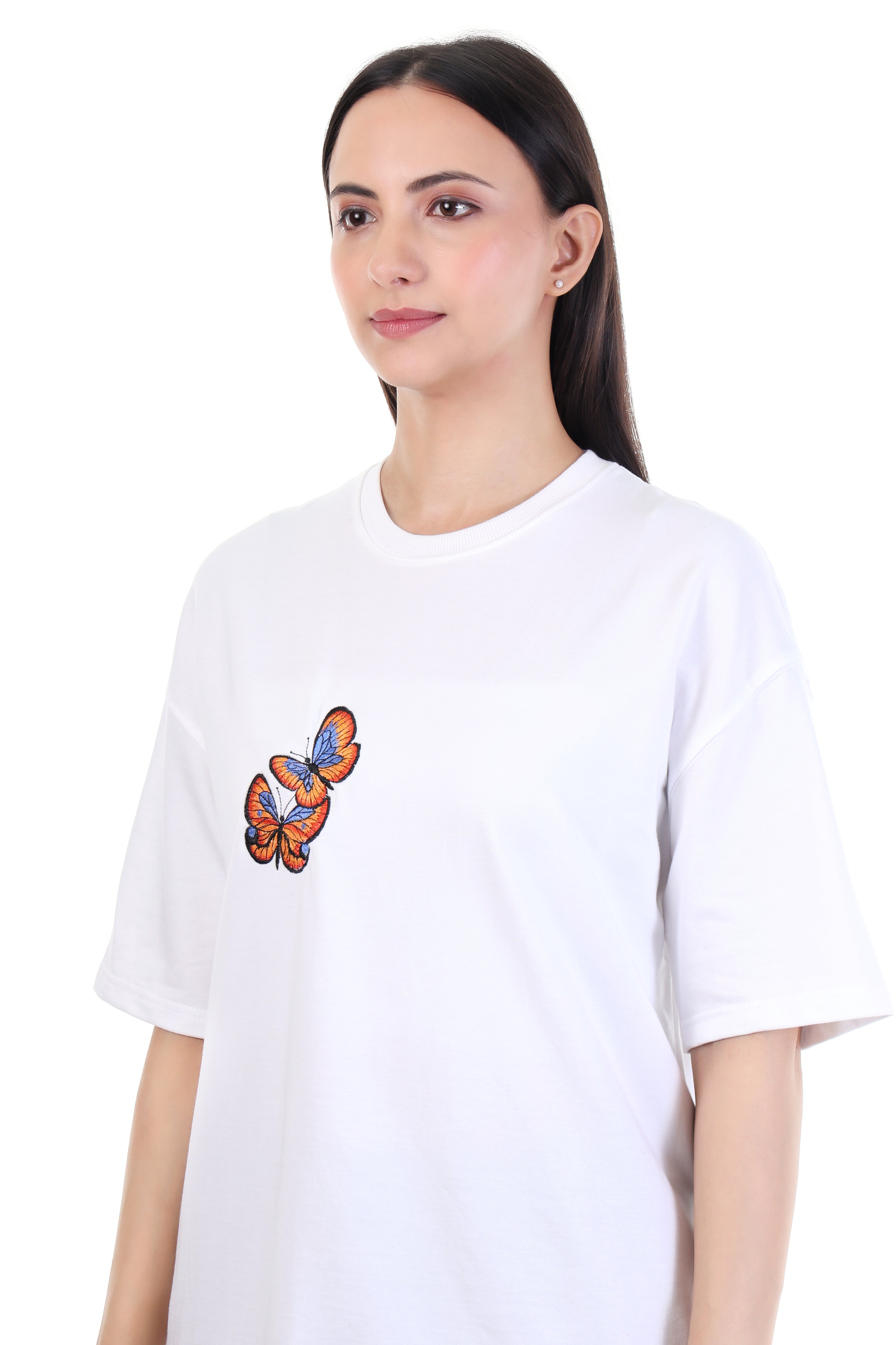 Skyflutter – White Blue Butterfly Embroidered T-Shirt for Women