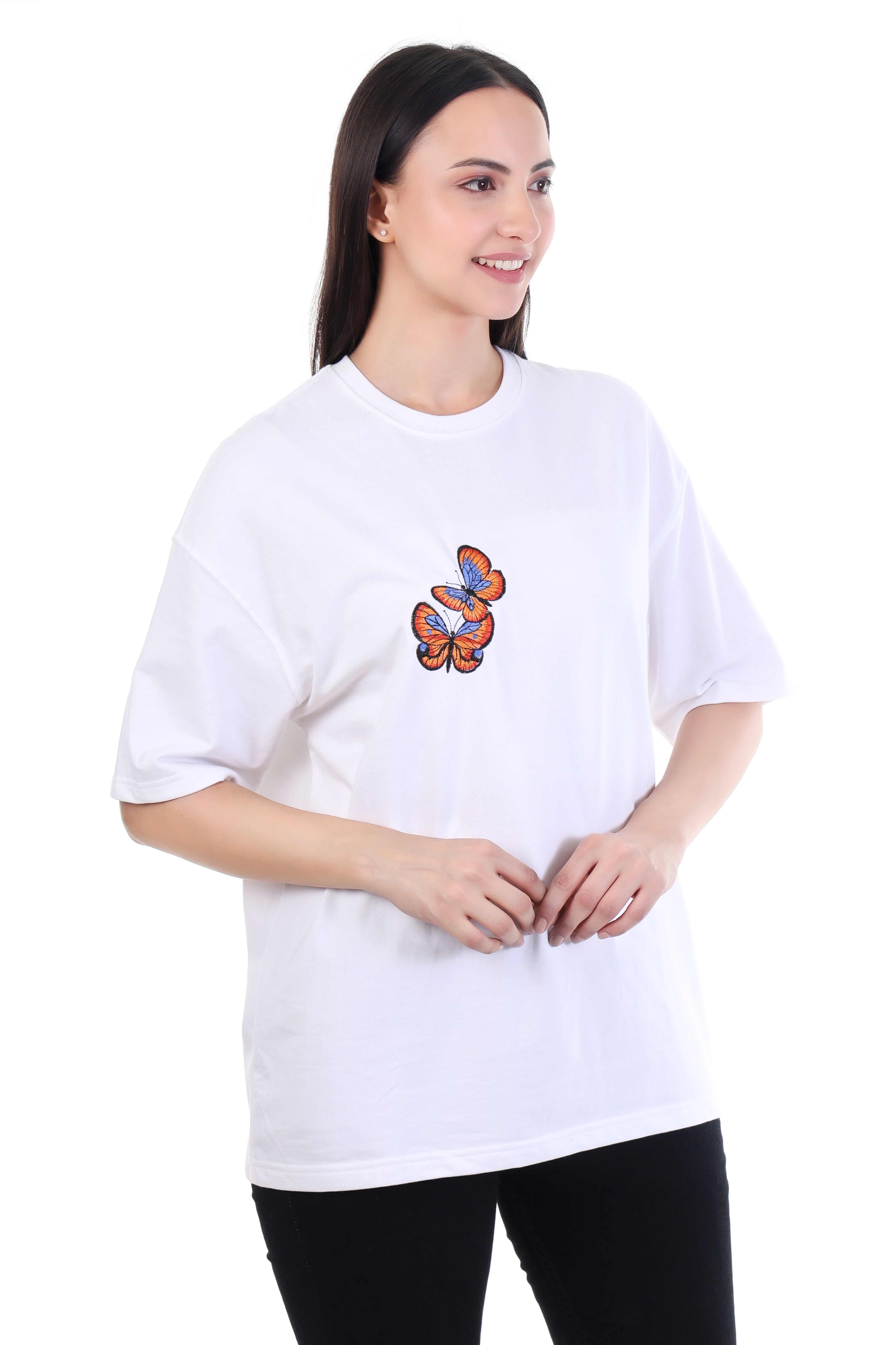 Skyflutter – White Blue Butterfly Embroidered T-Shirt for Women