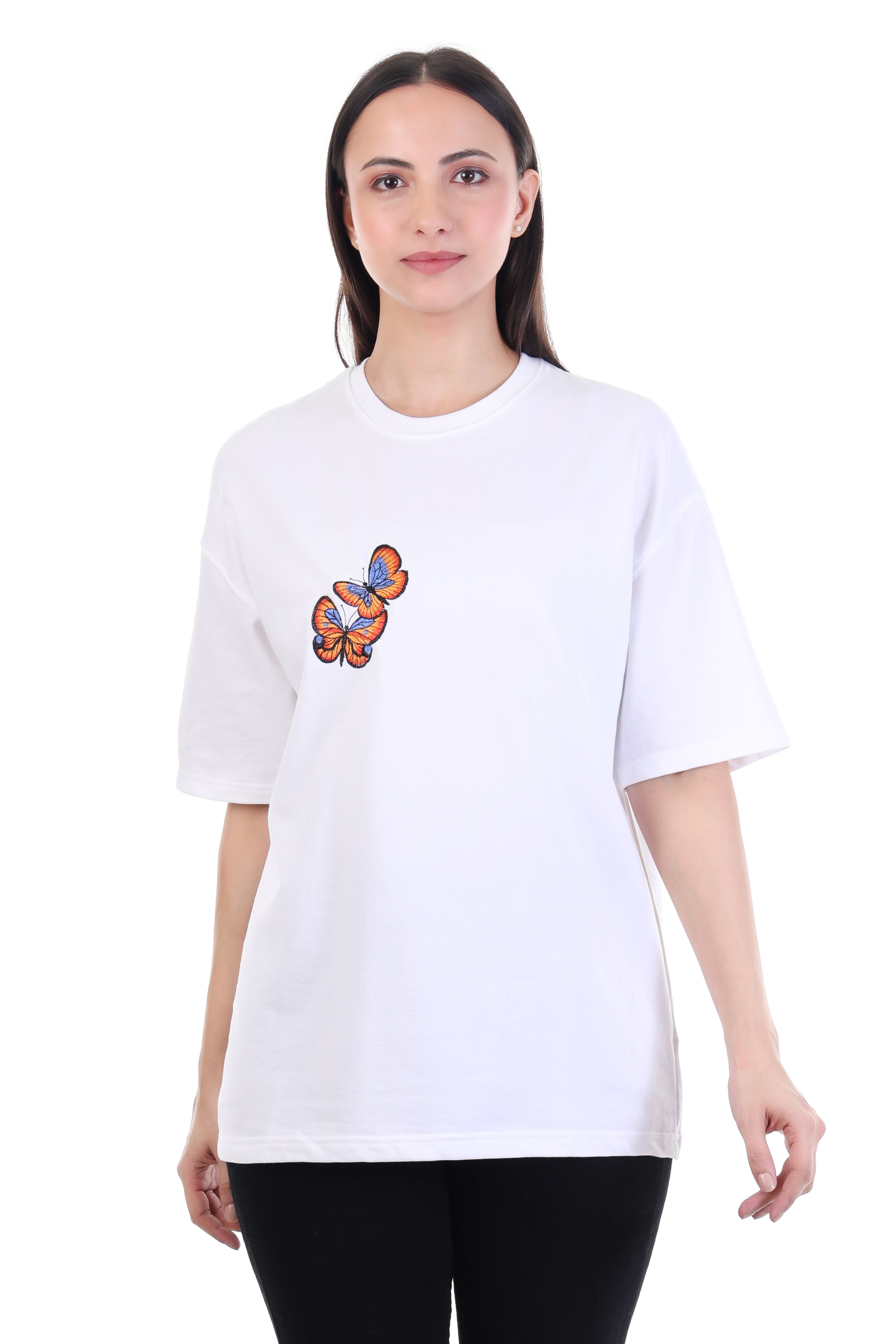 Skyflutter – White Blue Butterfly Embroidered T-Shirt for Women