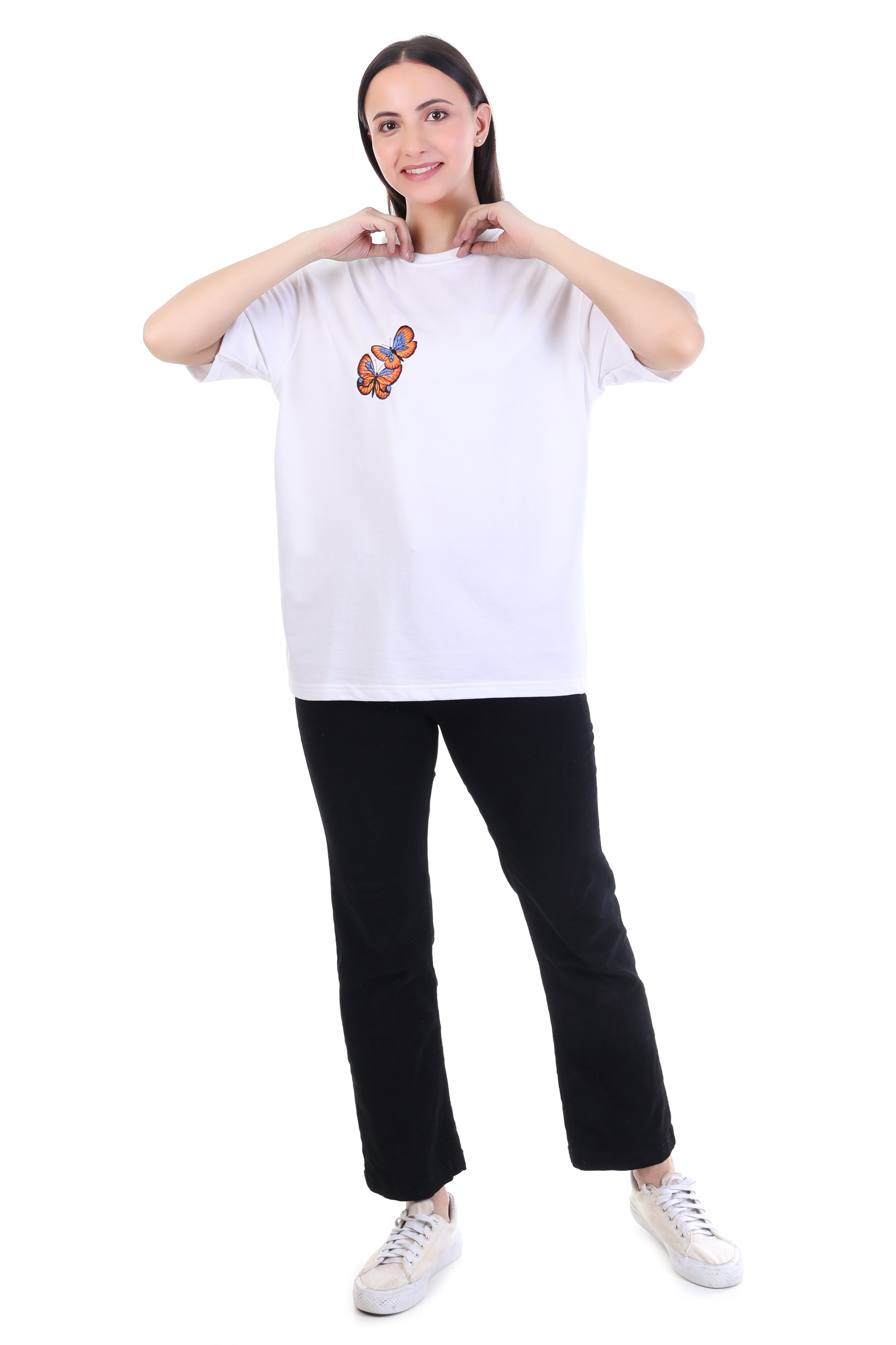 Skyflutter – White Blue Butterfly Embroidered T-Shirt for Women