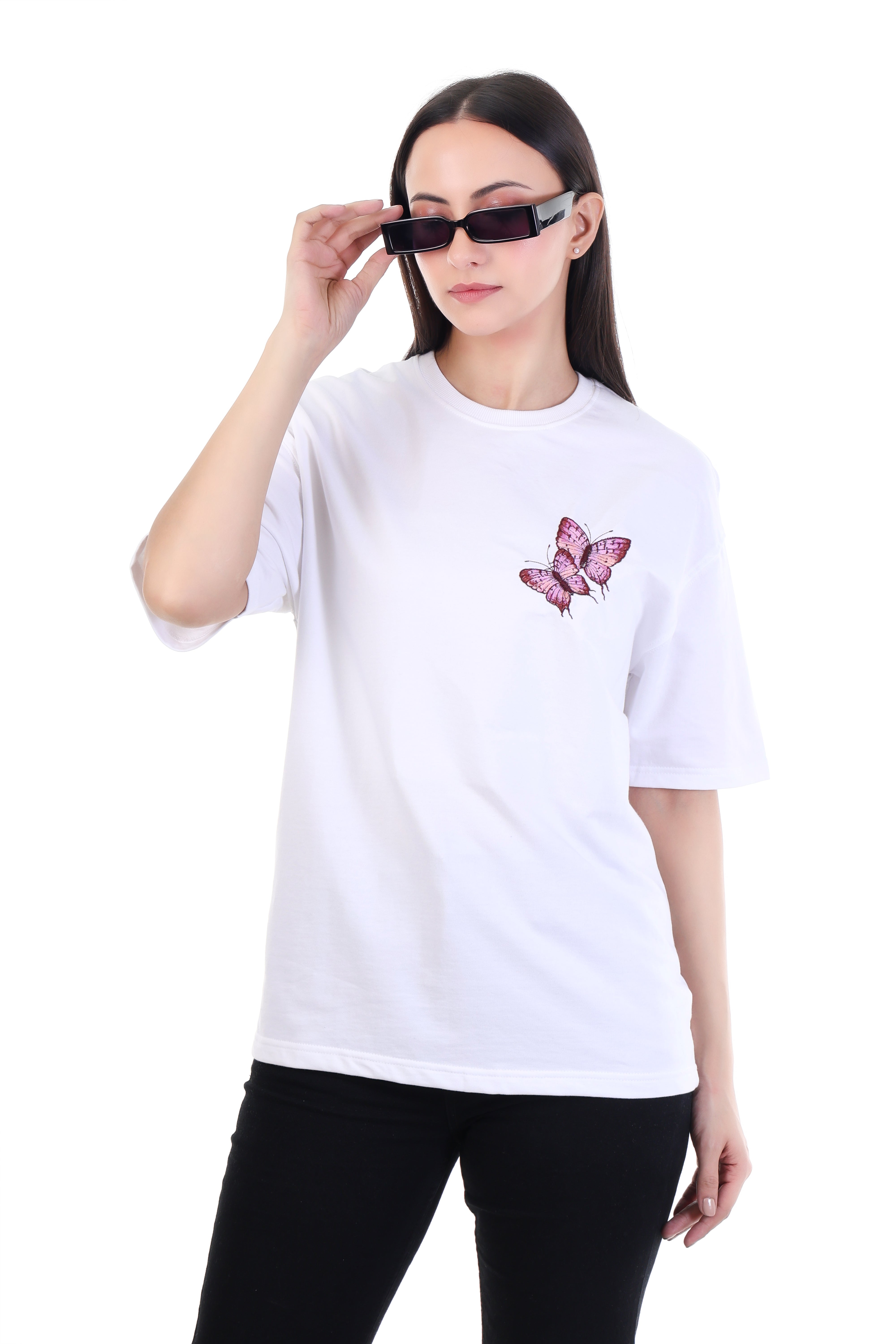 Blushflutter â White Pink Butterfly Embroidered T-Shirt for Women