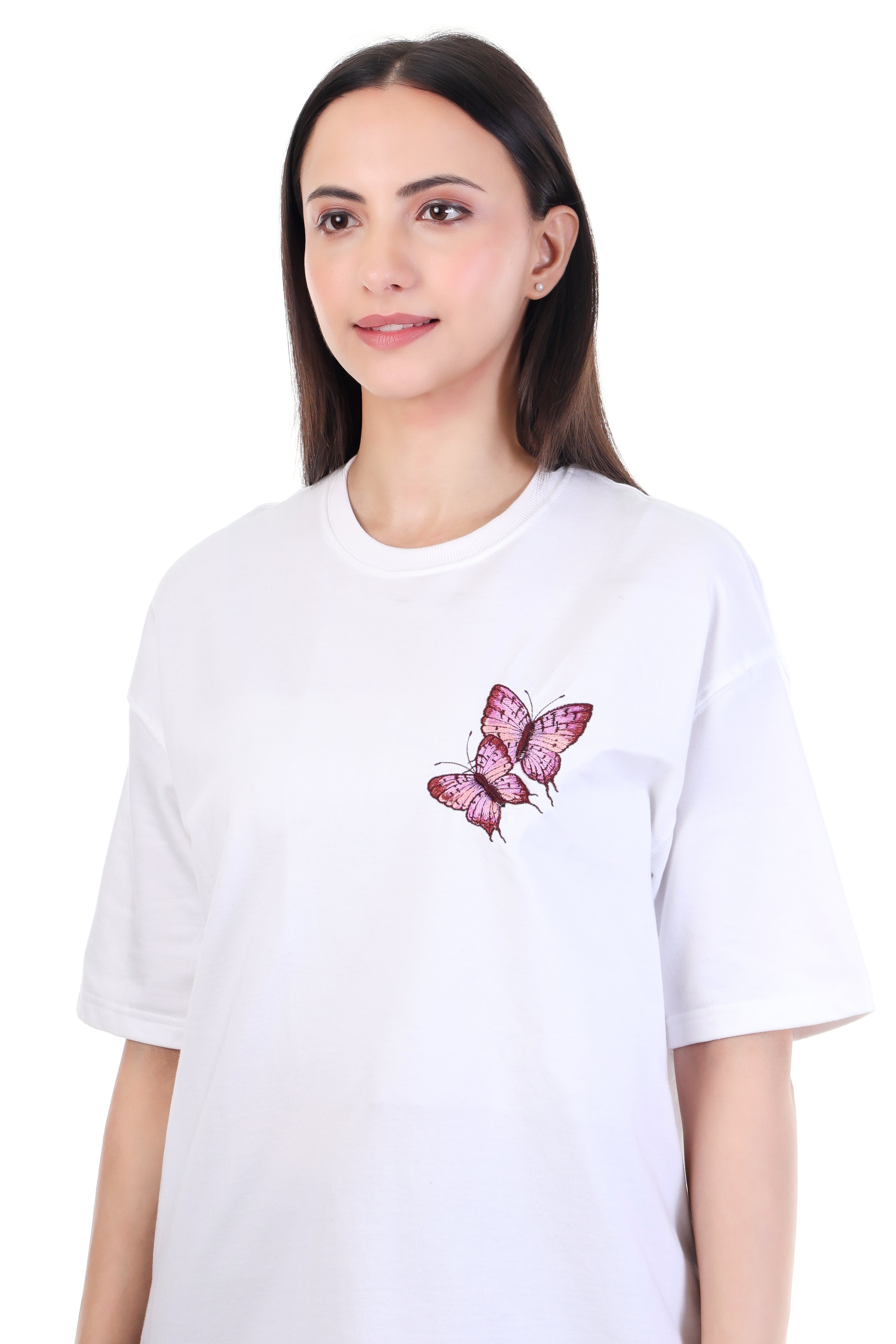 Blushflutter â White Pink Butterfly Embroidered T-Shirt for Women