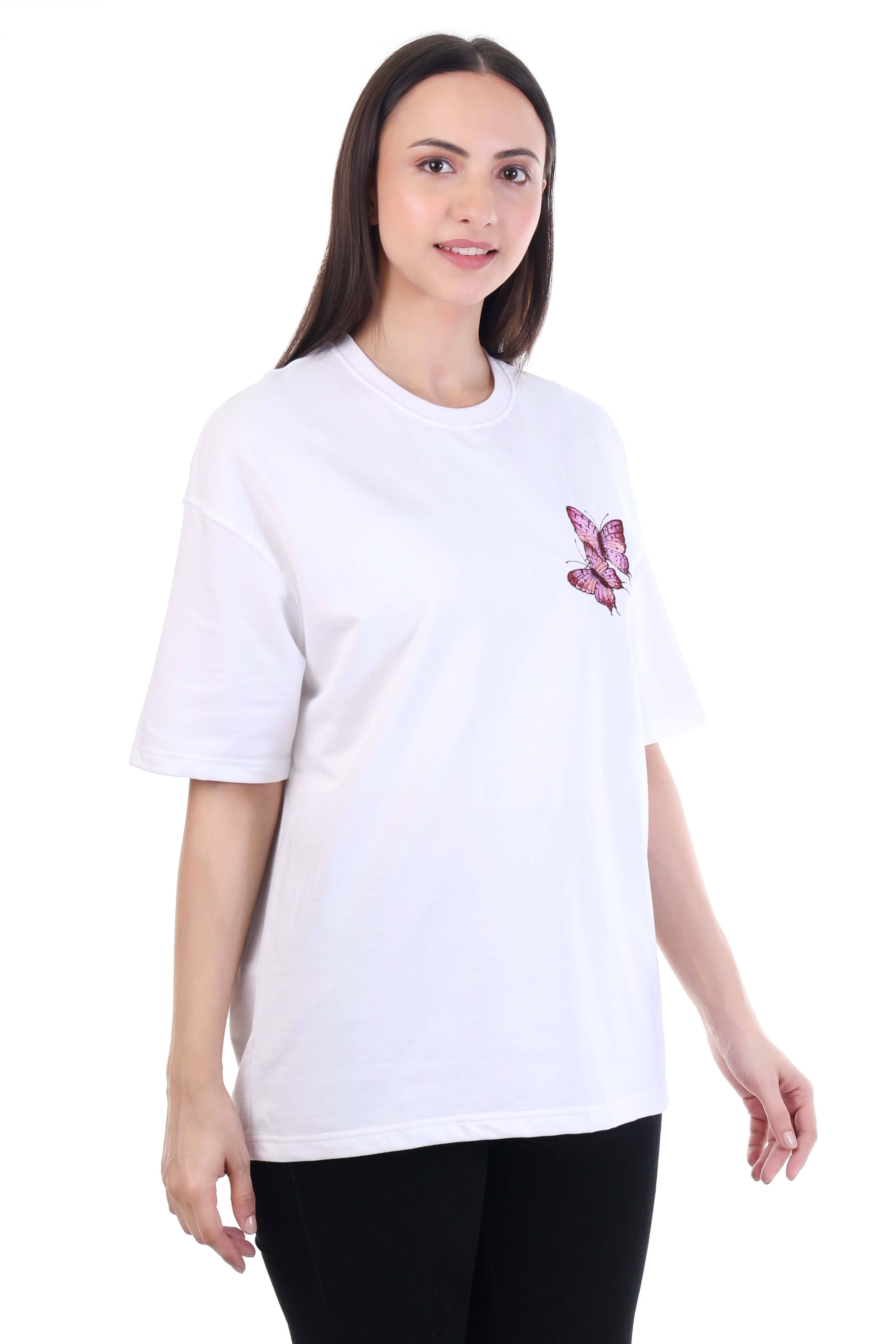 Blushflutter â White Pink Butterfly Embroidered T-Shirt for Women