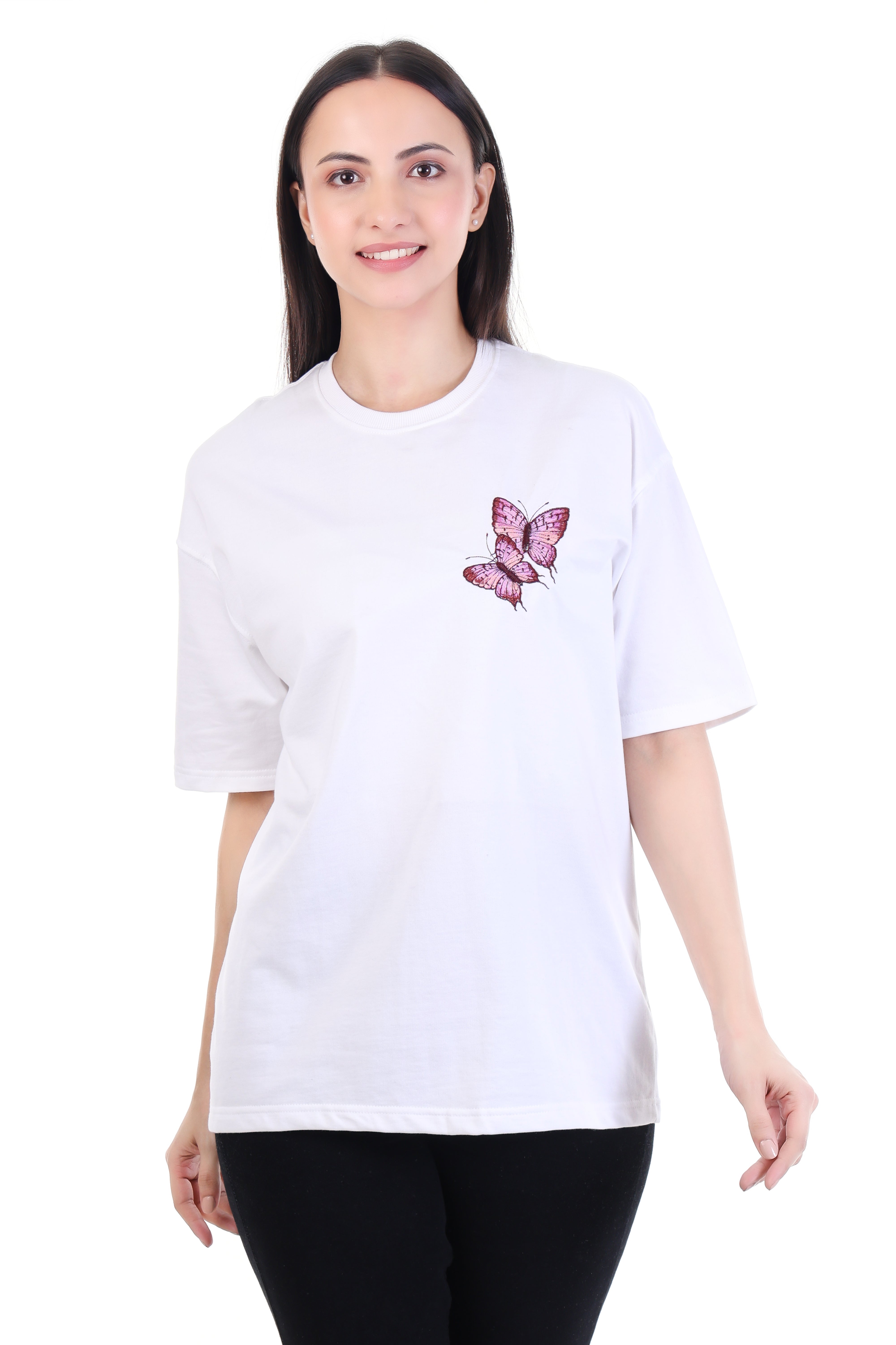 Blushflutter â White Pink Butterfly Embroidered T-Shirt for Women