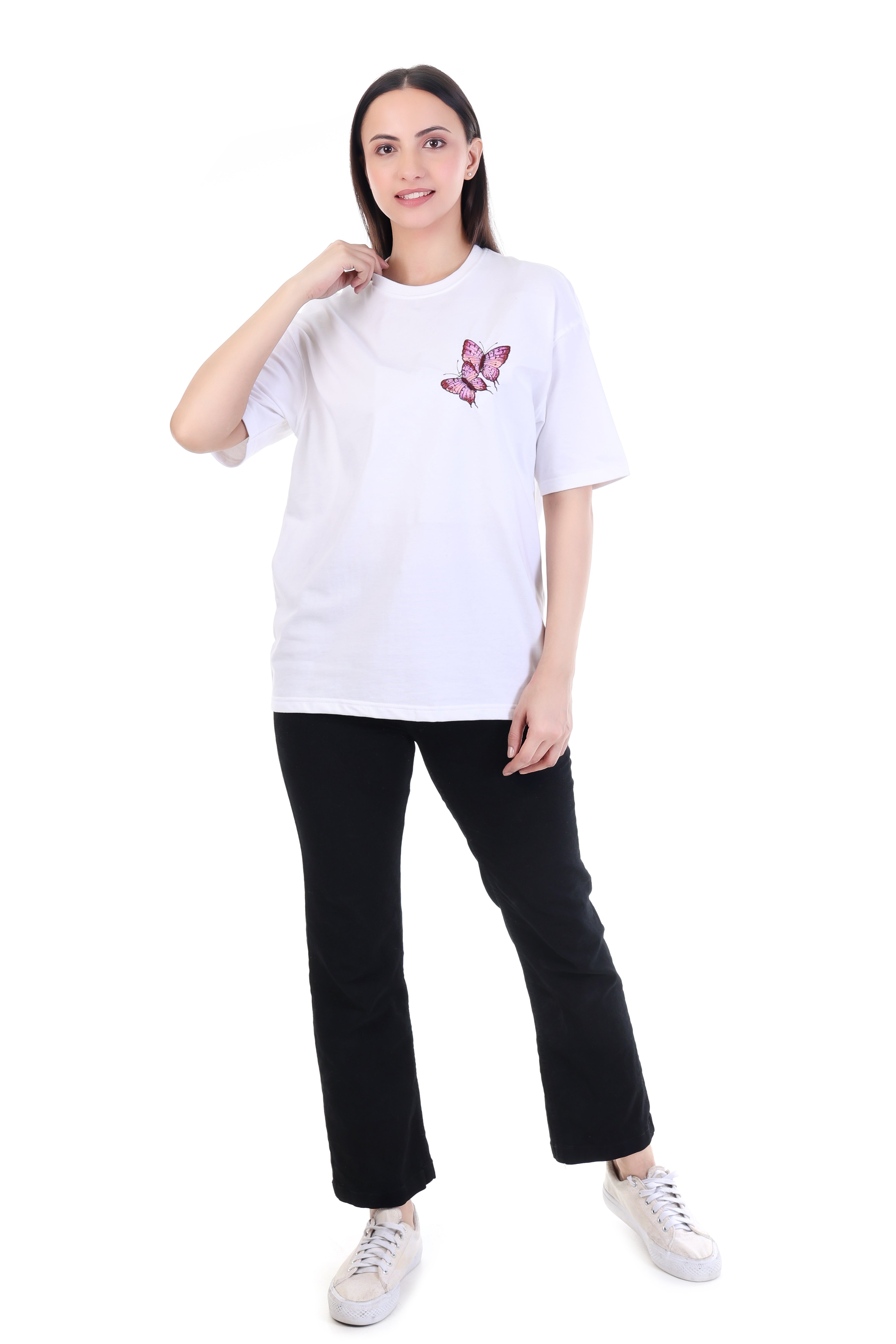 Blushflutter â White Pink Butterfly Embroidered T-Shirt for Women