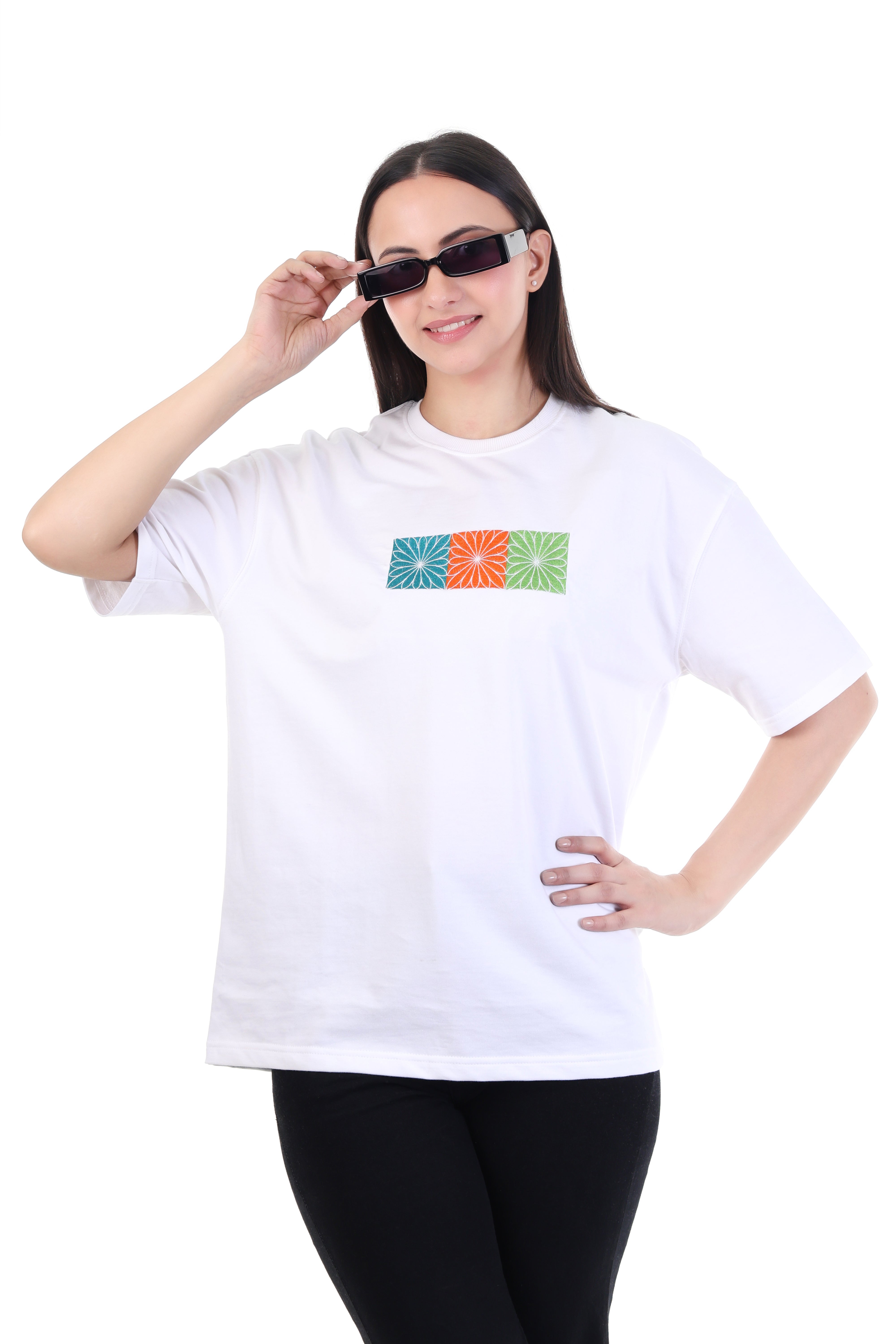 Structured Bloom â White Floral Grid Embroidered T-Shirt for Women