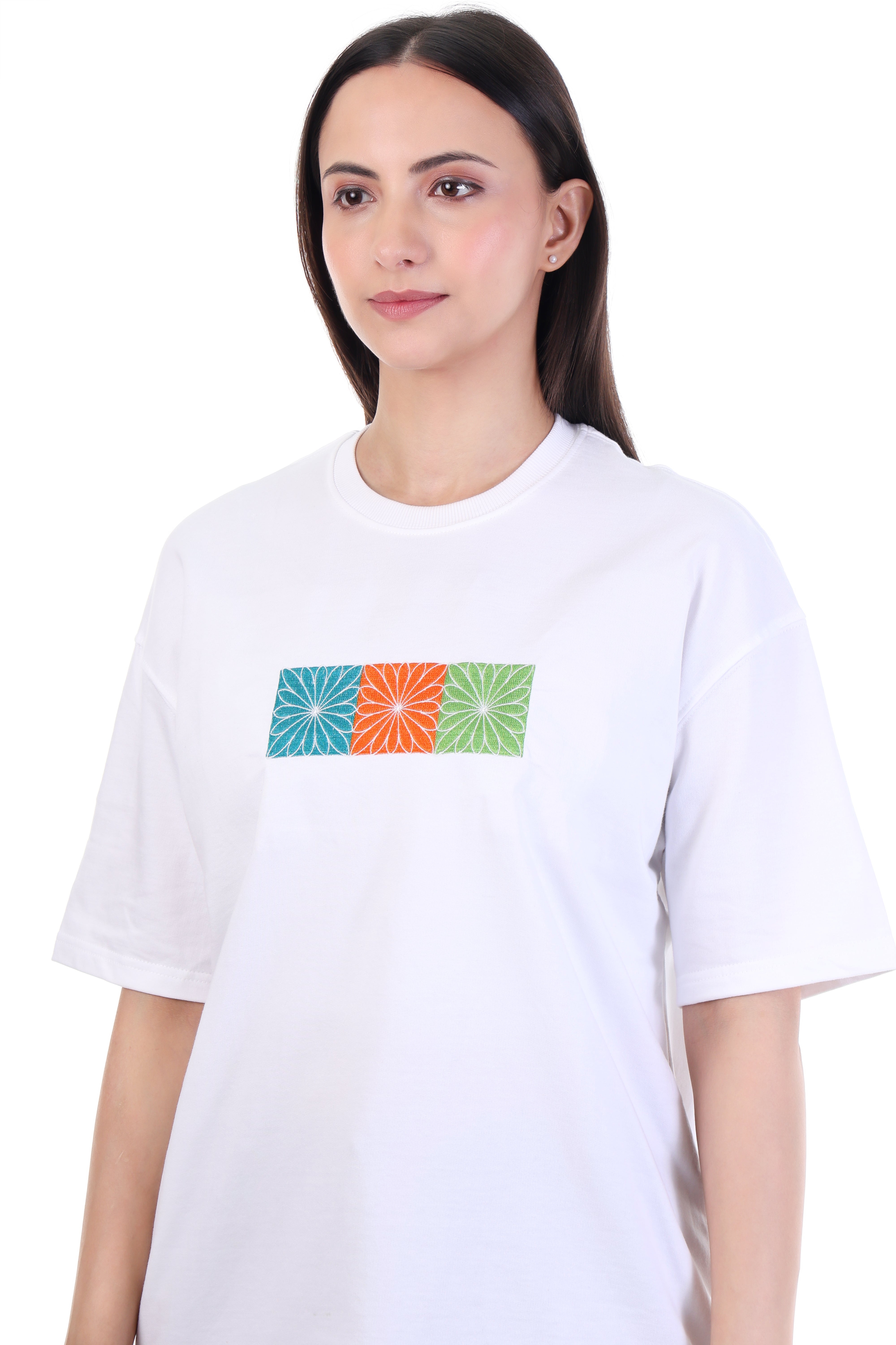 Structured Bloom – White Floral Grid Embroidered T-Shirt for Women