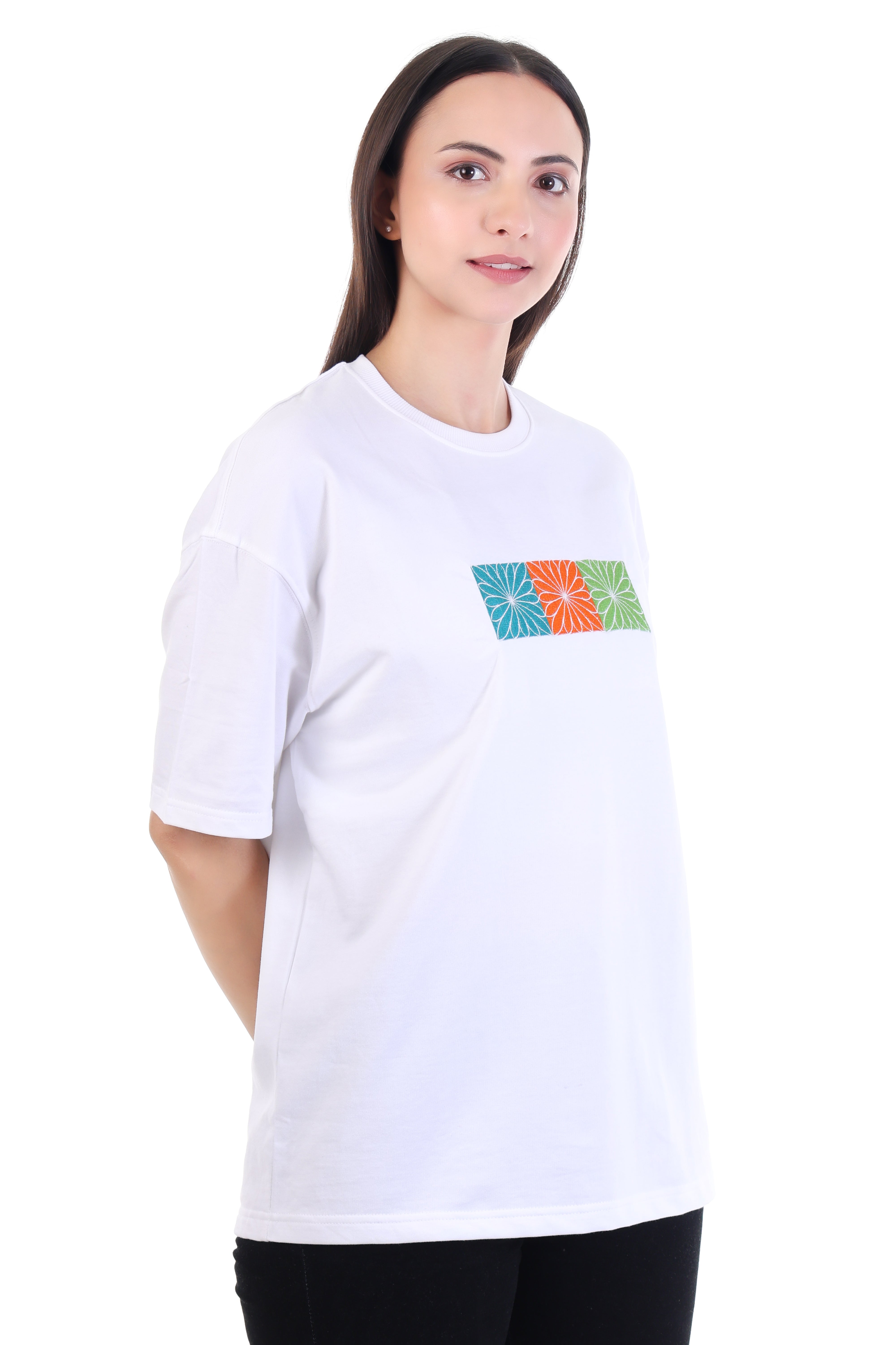 Structured Bloom – White Floral Grid Embroidered T-Shirt for Women