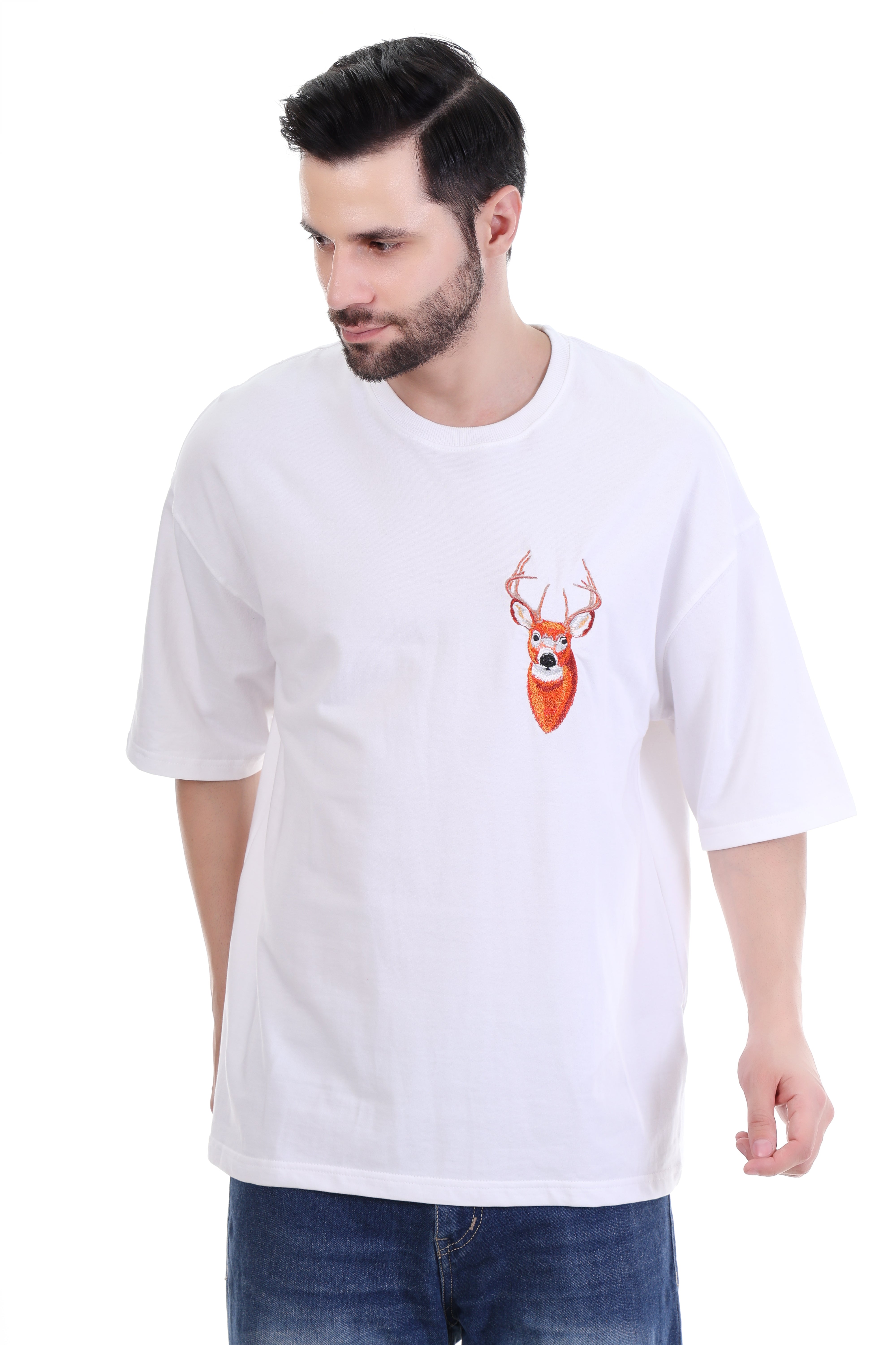 Men’s Oversized White Deer Embroidered T-Shirt | 100% Pure Cotton | Minimal Streetwear