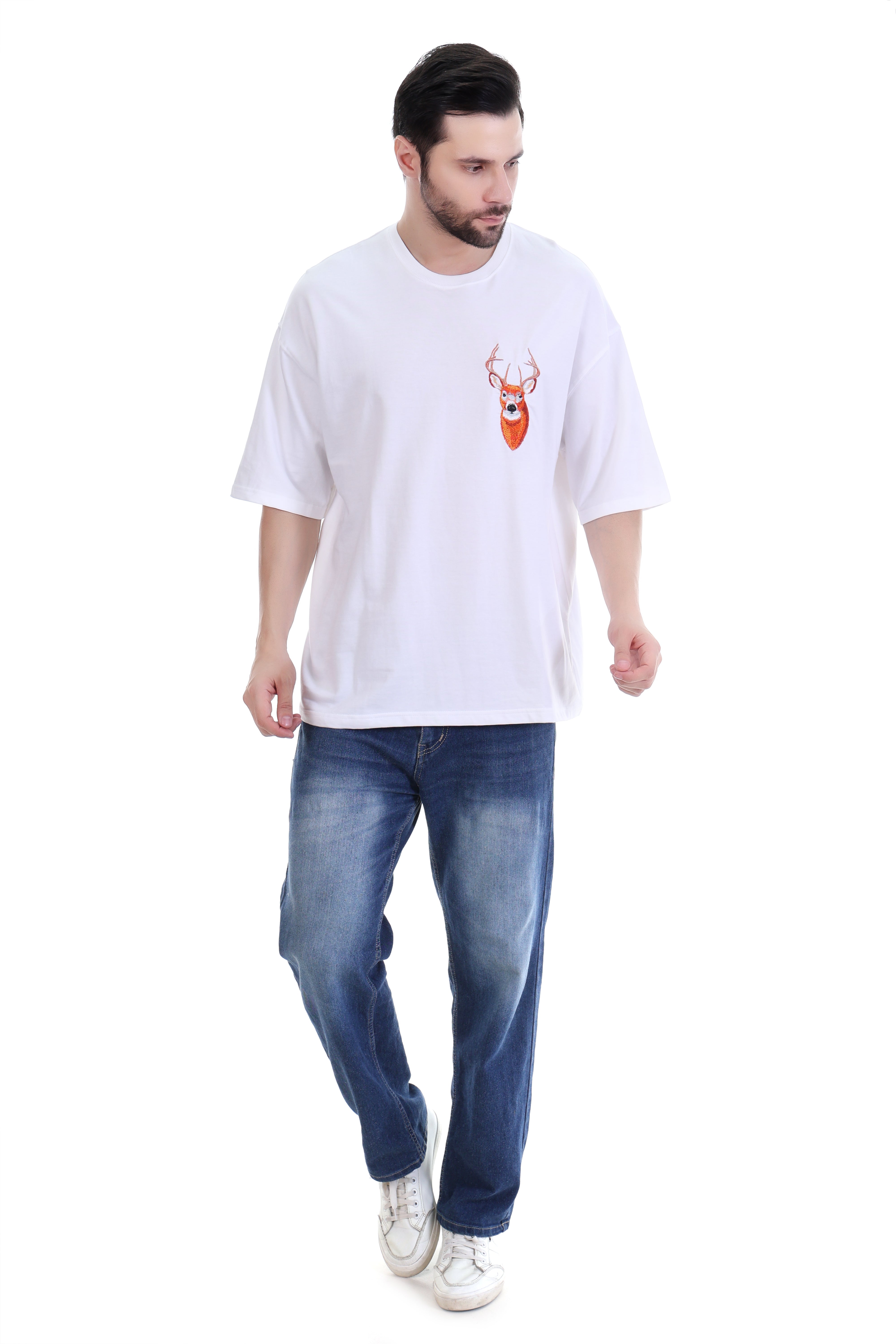 Men’s Oversized White Deer Embroidered T-Shirt | 100% Pure Cotton | Minimal Streetwear