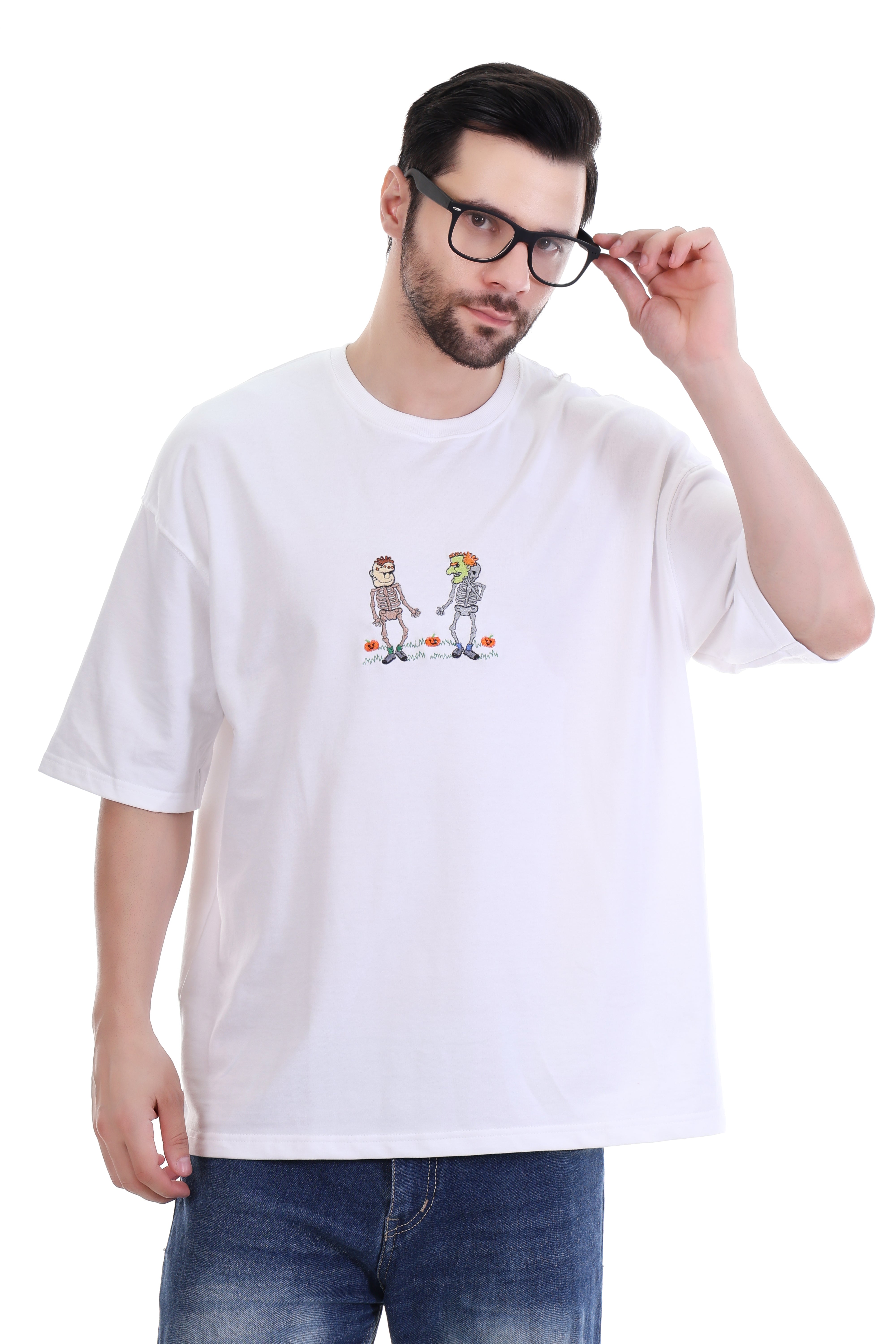 Men’s Oversized White Skeleton Love Embroidered T-Shirt | 100% Cotton | Quirky Streetwear