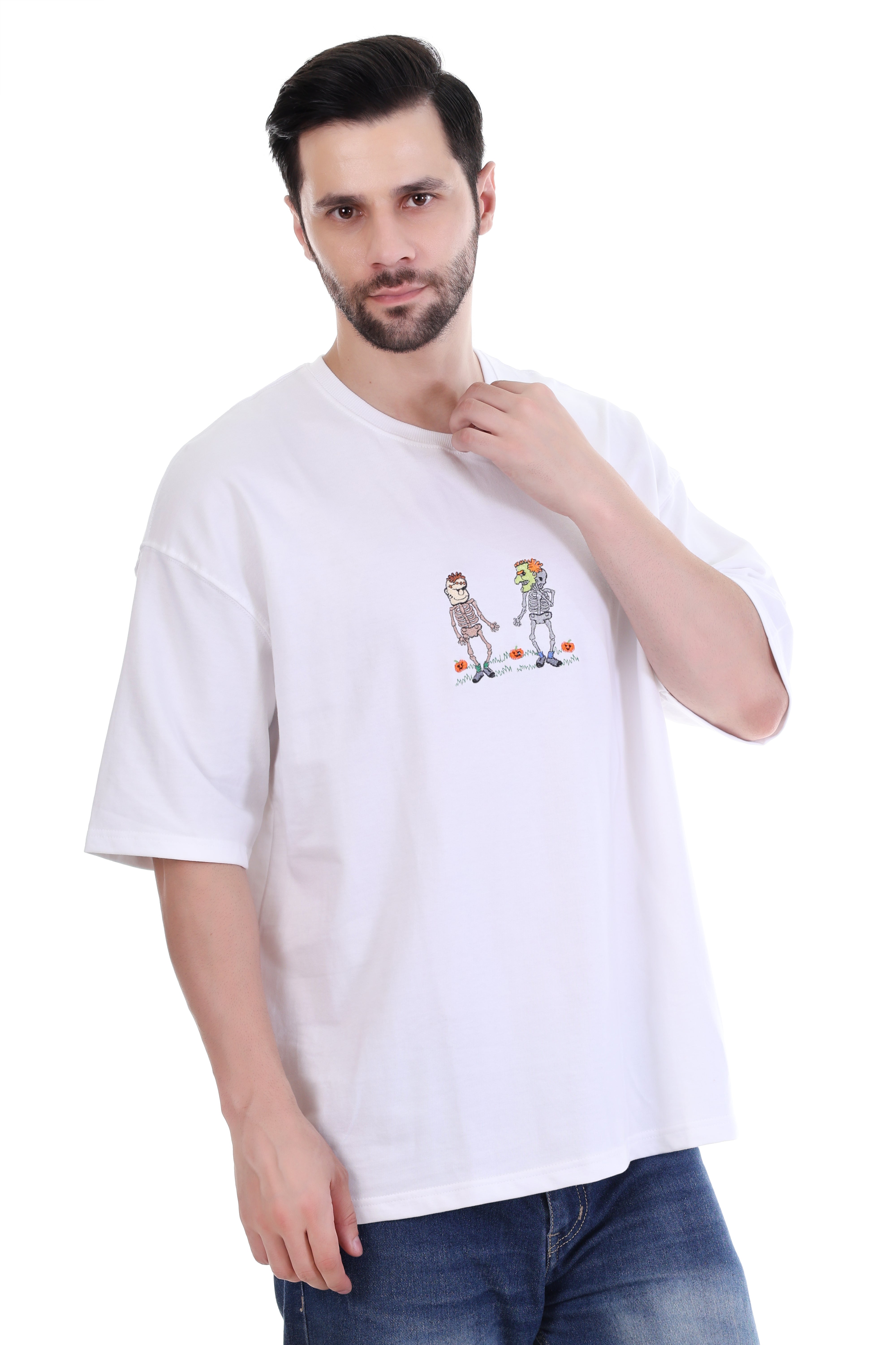 Men’s Oversized White Skeleton Love Embroidered T-Shirt | 100% Cotton | Quirky Streetwear