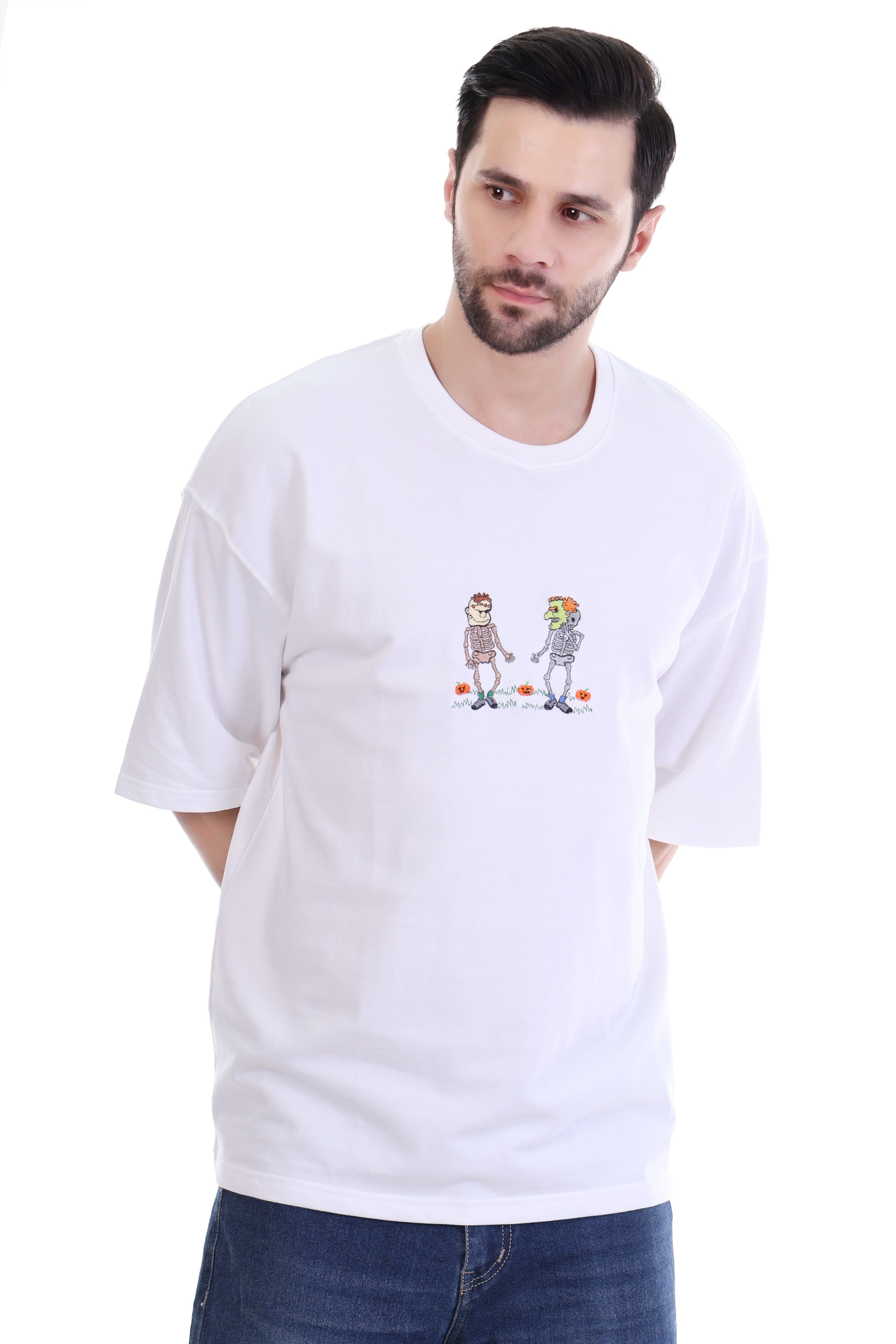 Men’s Oversized White Skeleton Love Embroidered T-Shirt | 100% Cotton | Quirky Streetwear