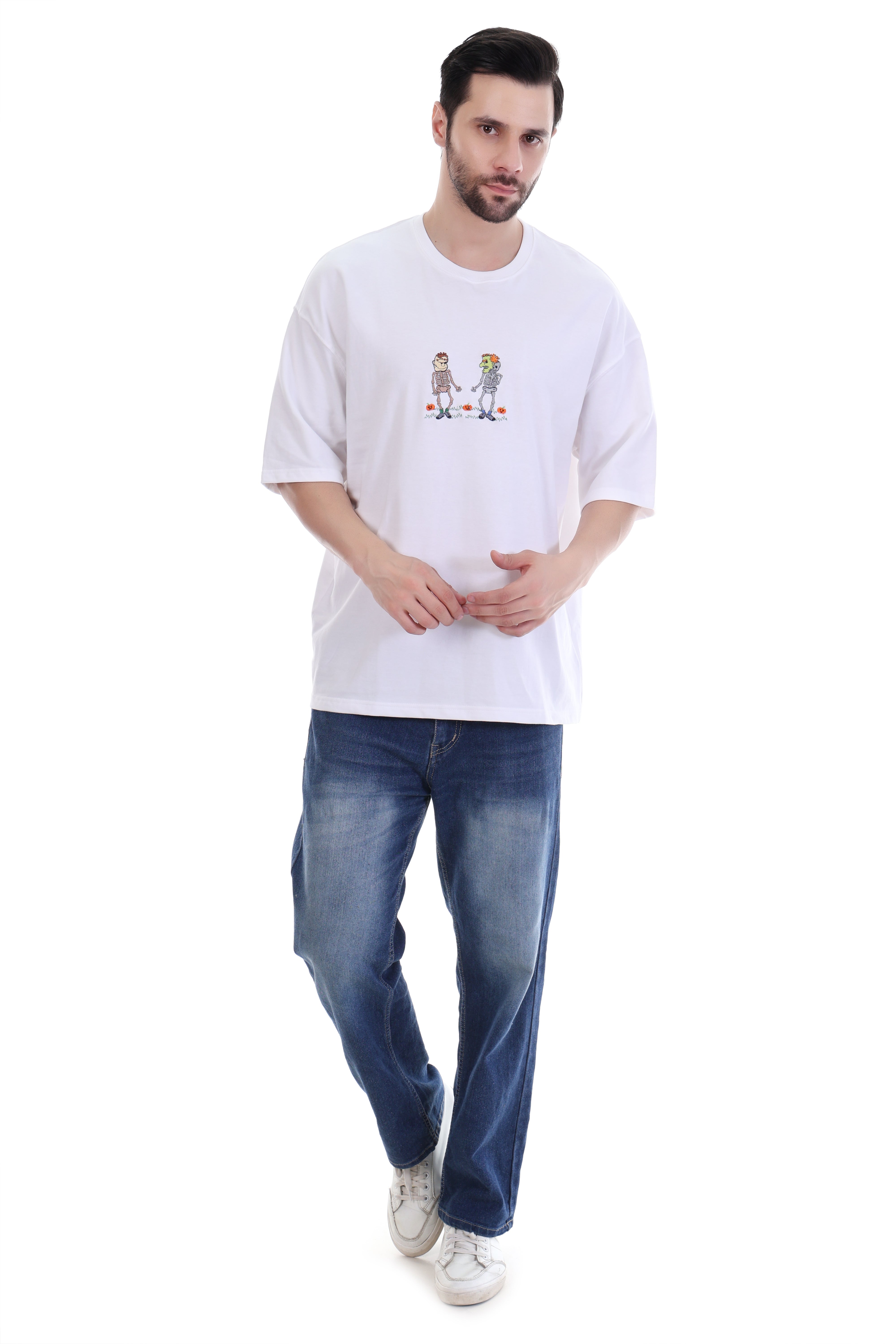 Men’s Oversized White Skeleton Love Embroidered T-Shirt | 100% Cotton | Quirky Streetwear