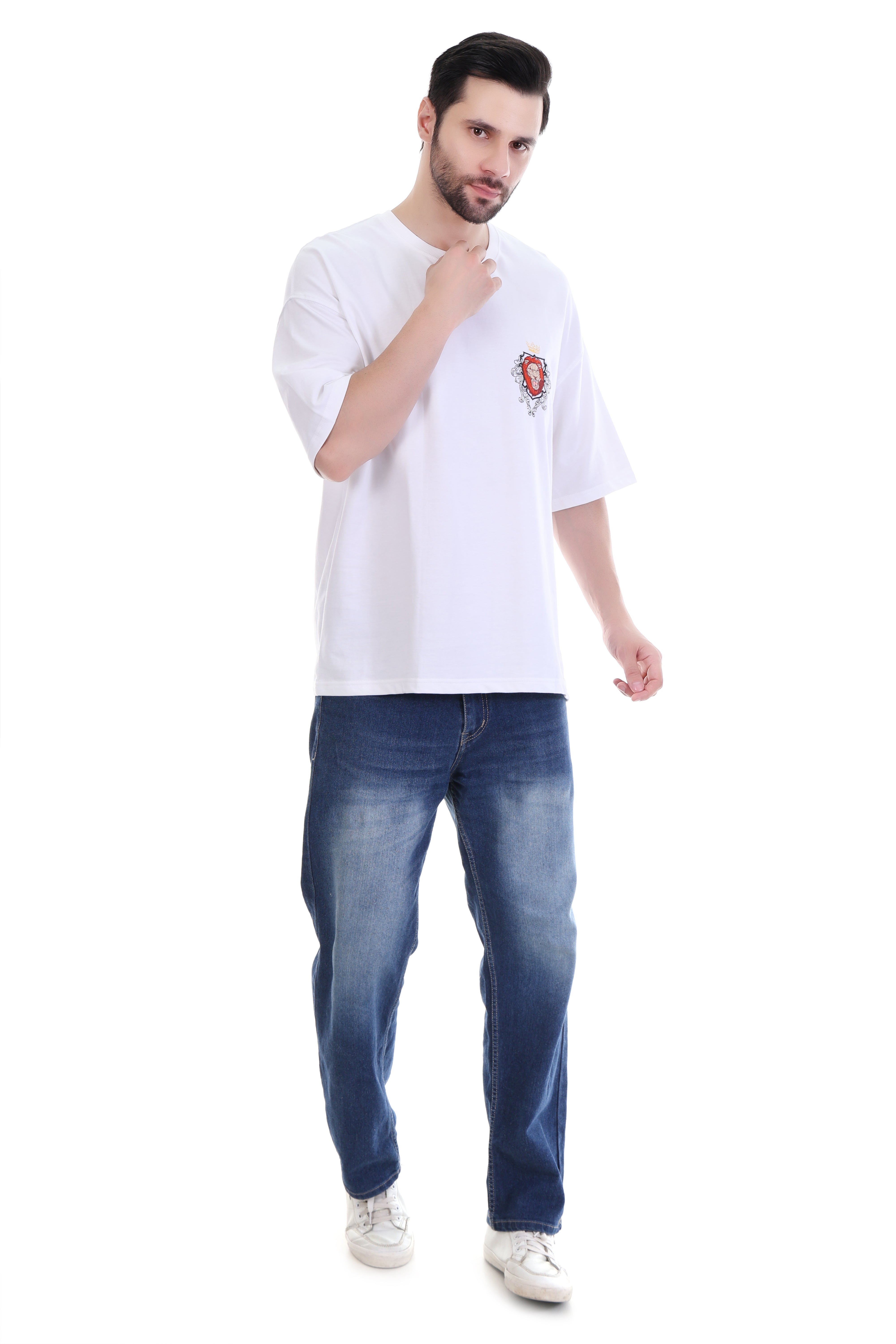 Men’s Oversized White Royal Lion Embroidered T-Shirt | 100% Cotton | Crown Crest Design
