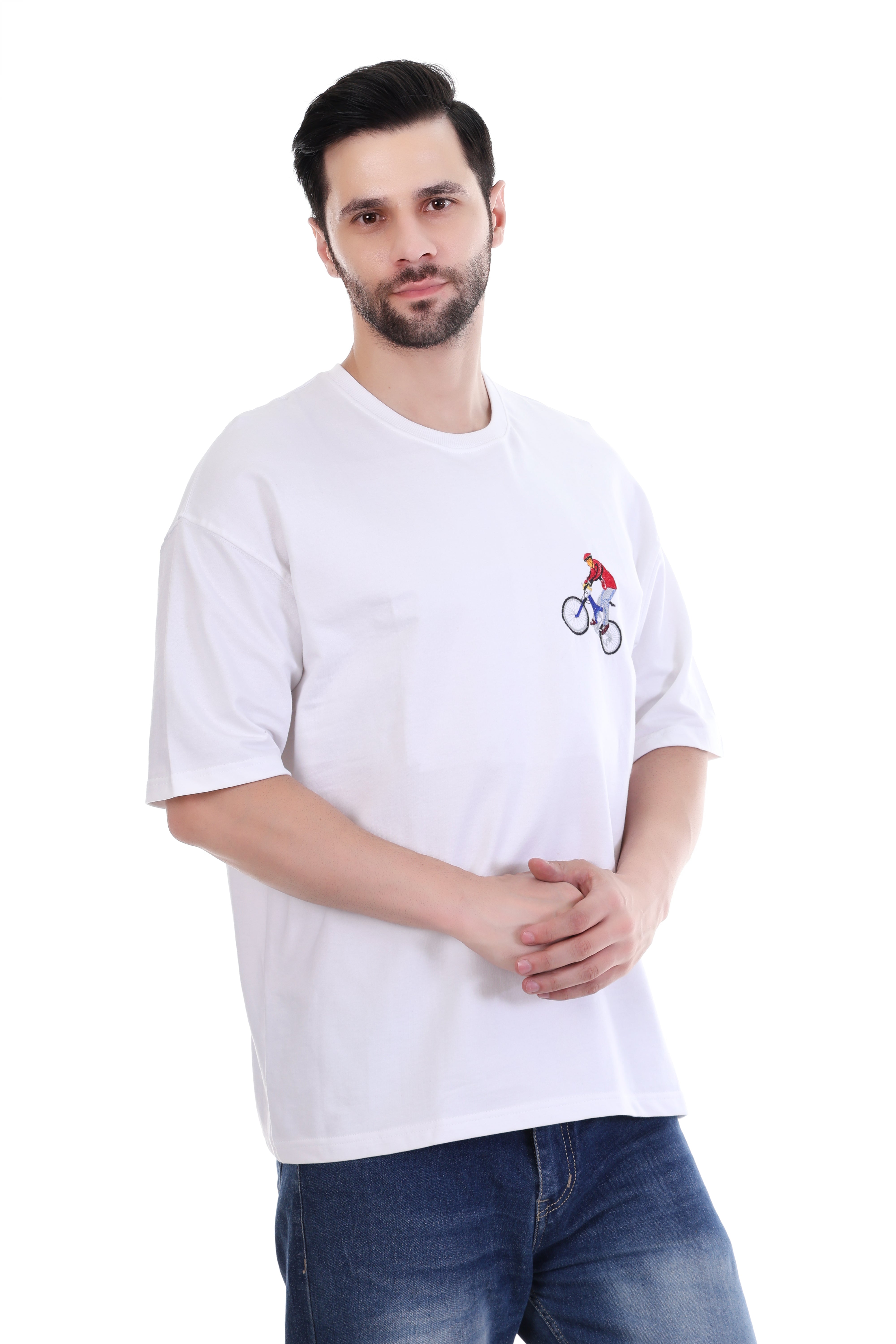 Men’s Oversized White Cyclist Embroidered T-Shirt – 100% Cotton Rider Edition