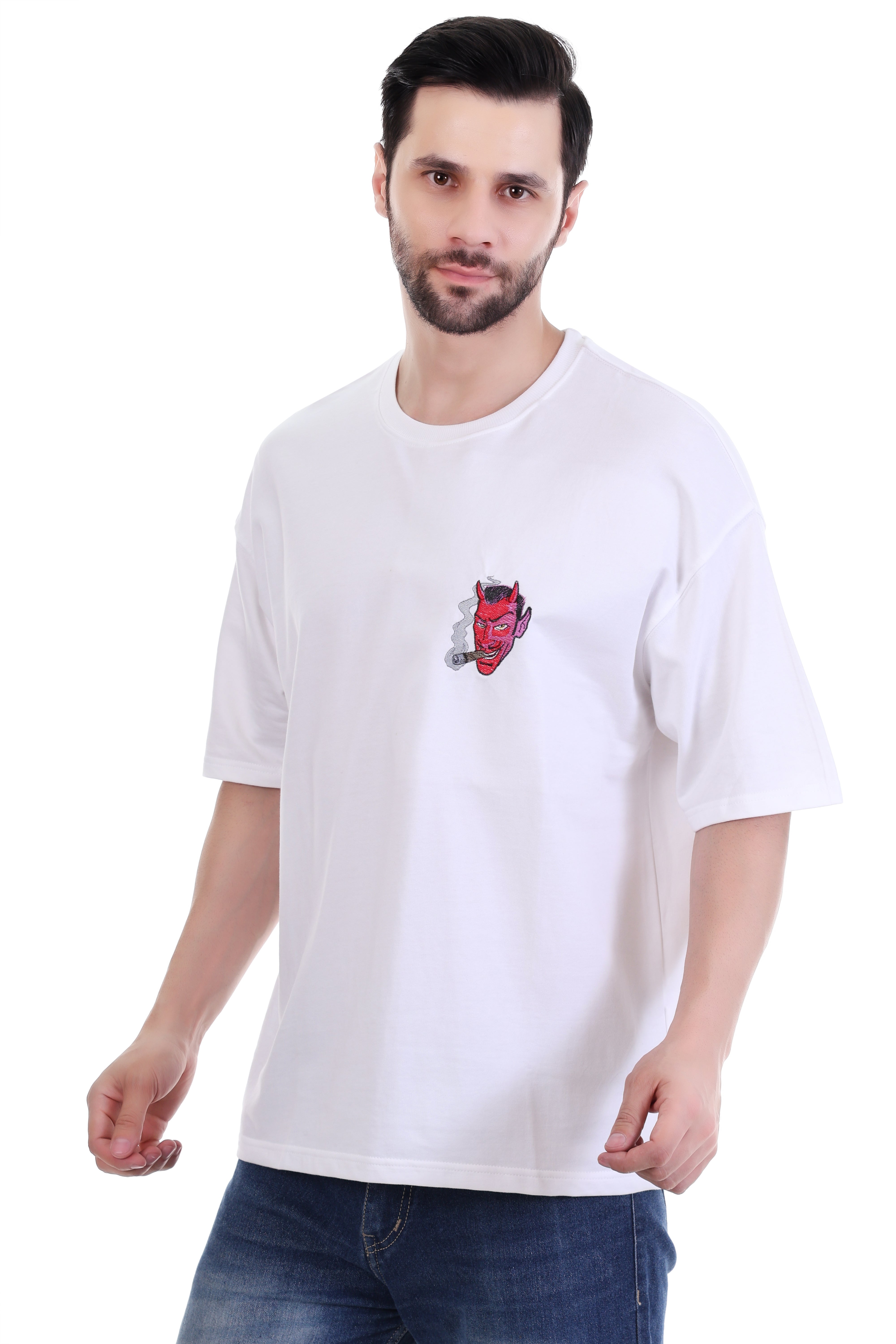 Men’s Oversized White Devil Embroidered T-Shirt – 100% Cotton Rebel Edition