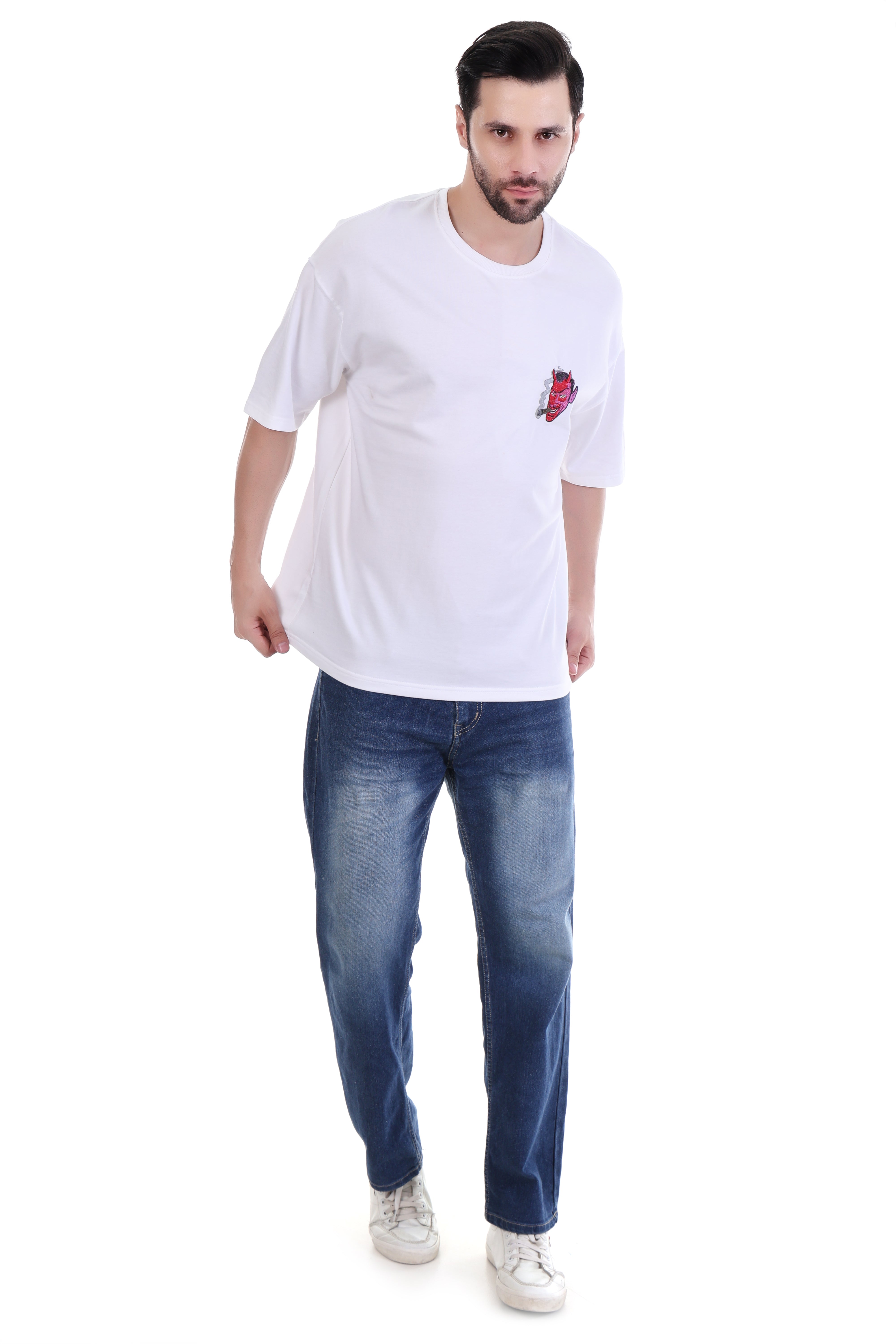 Men’s Oversized White Devil Embroidered T-Shirt – 100% Cotton Rebel Edition