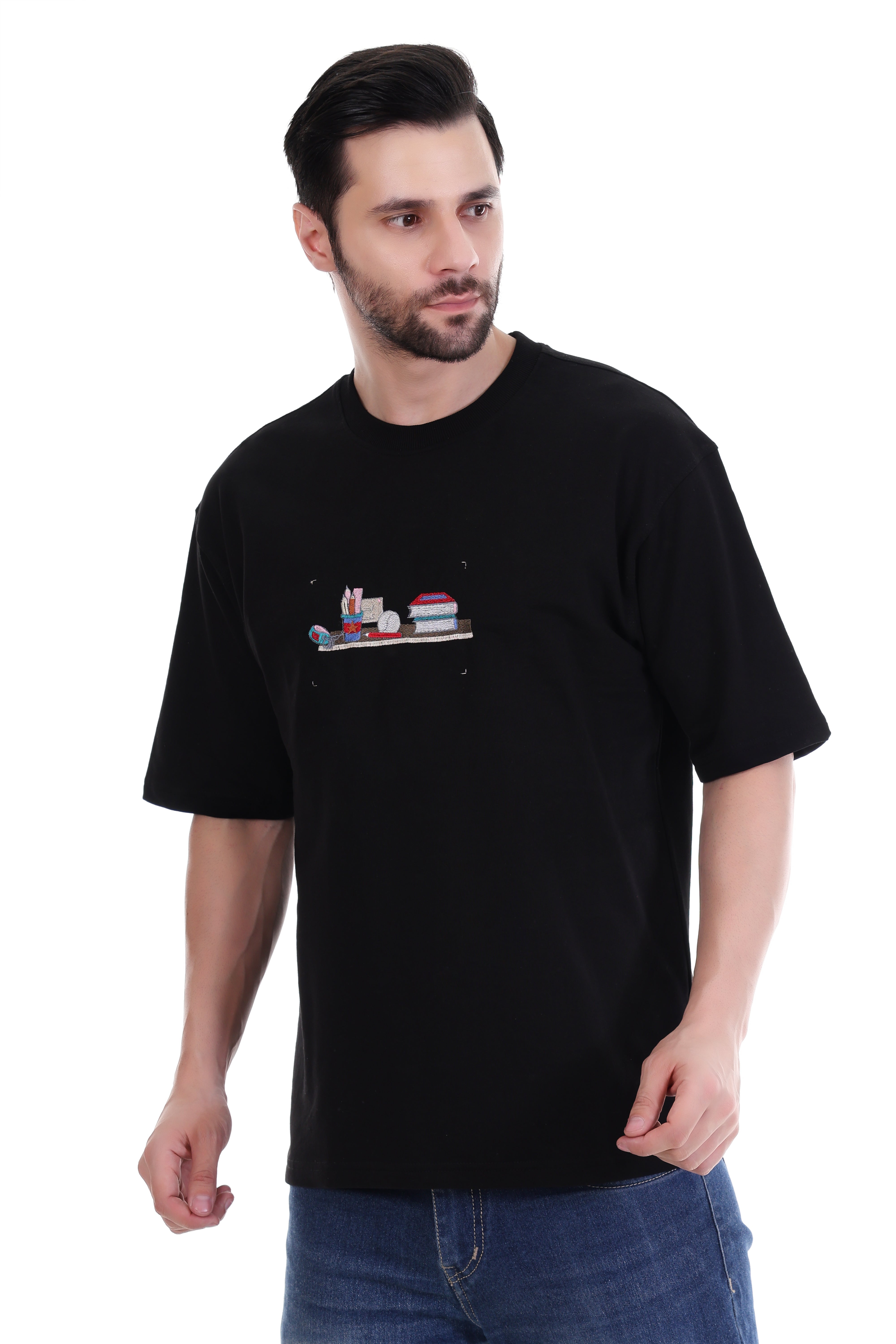 Men’s Oversized Study Embroidery T-Shirt – Pure Cotton | Minimal Intellectual Streetwear