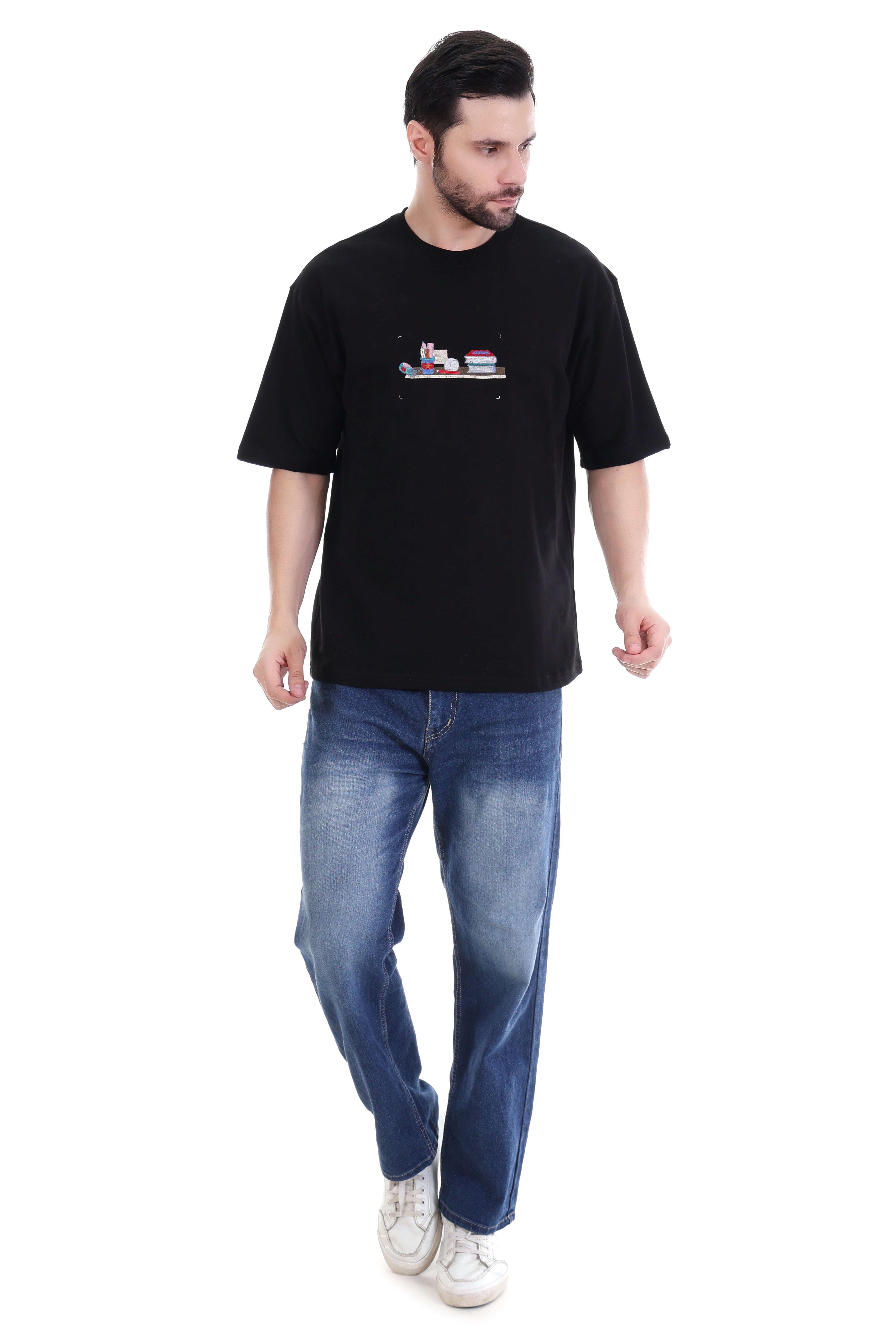 Men’s Oversized Study Embroidery T-Shirt – Pure Cotton | Minimal Intellectual Streetwear