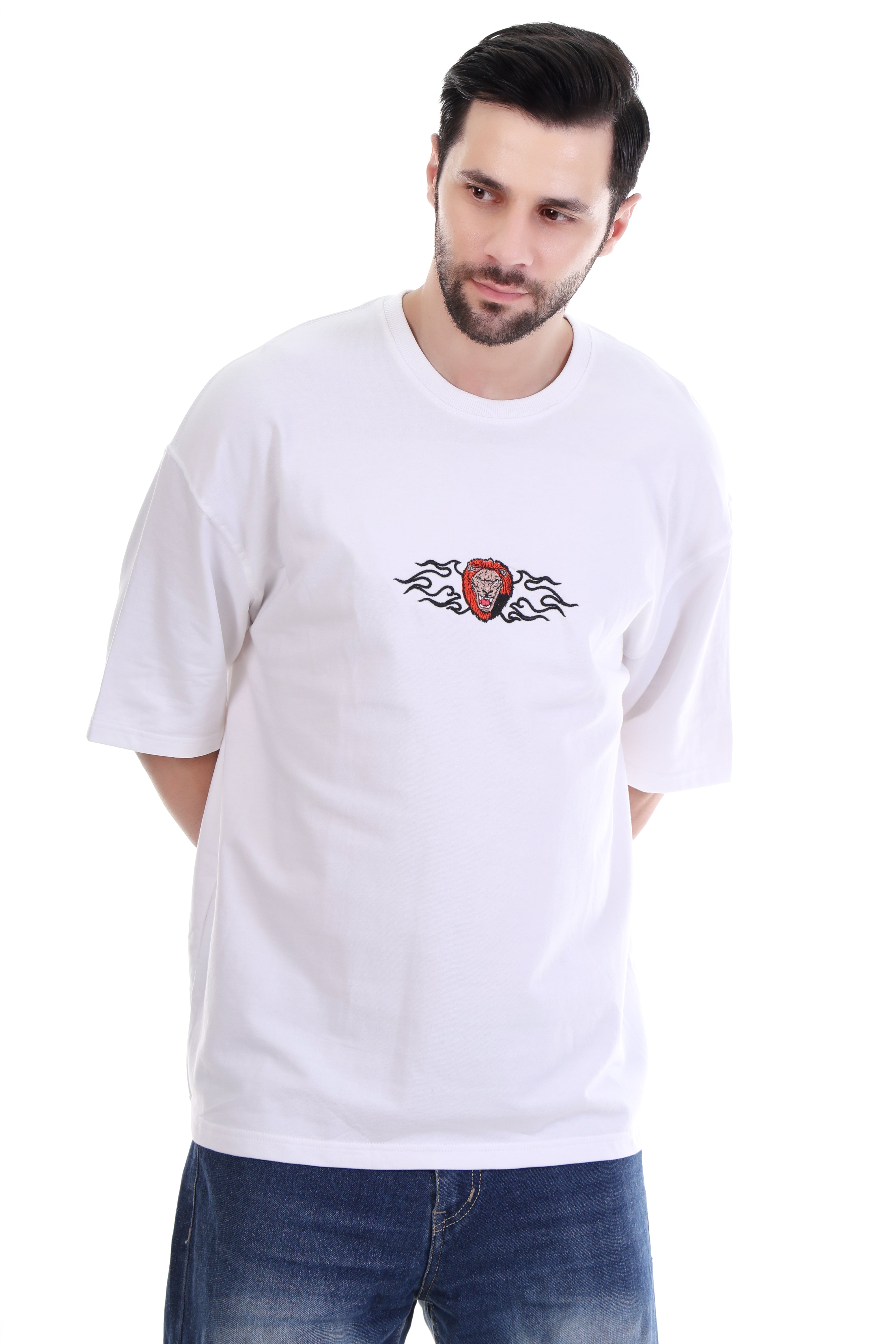 Men’s Oversized White T-Shirt with Lion Embroidery – Pure Cotton | Bold Streetwear India