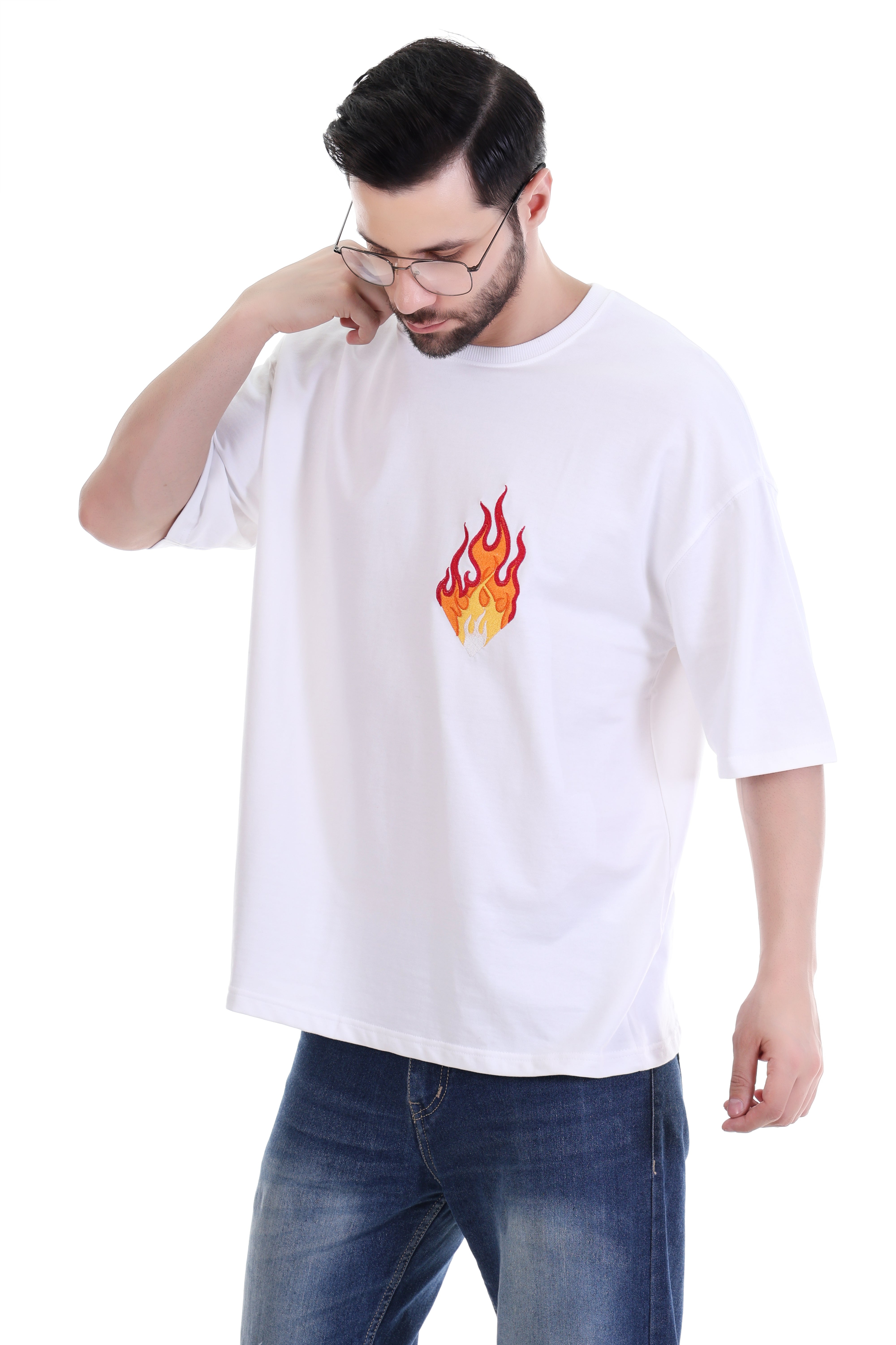 Flame Embroidery - 100% Pure Cotton Streetwear | Men's Oversized White T-Shirt