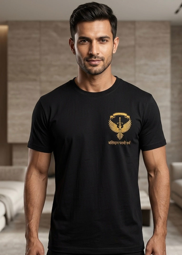 Balidan Param Dharma T-Shirt - Premium Embroidered Indian Special Forces Tee | Black Graphic T-Shirt for Men by VVM Vastra
