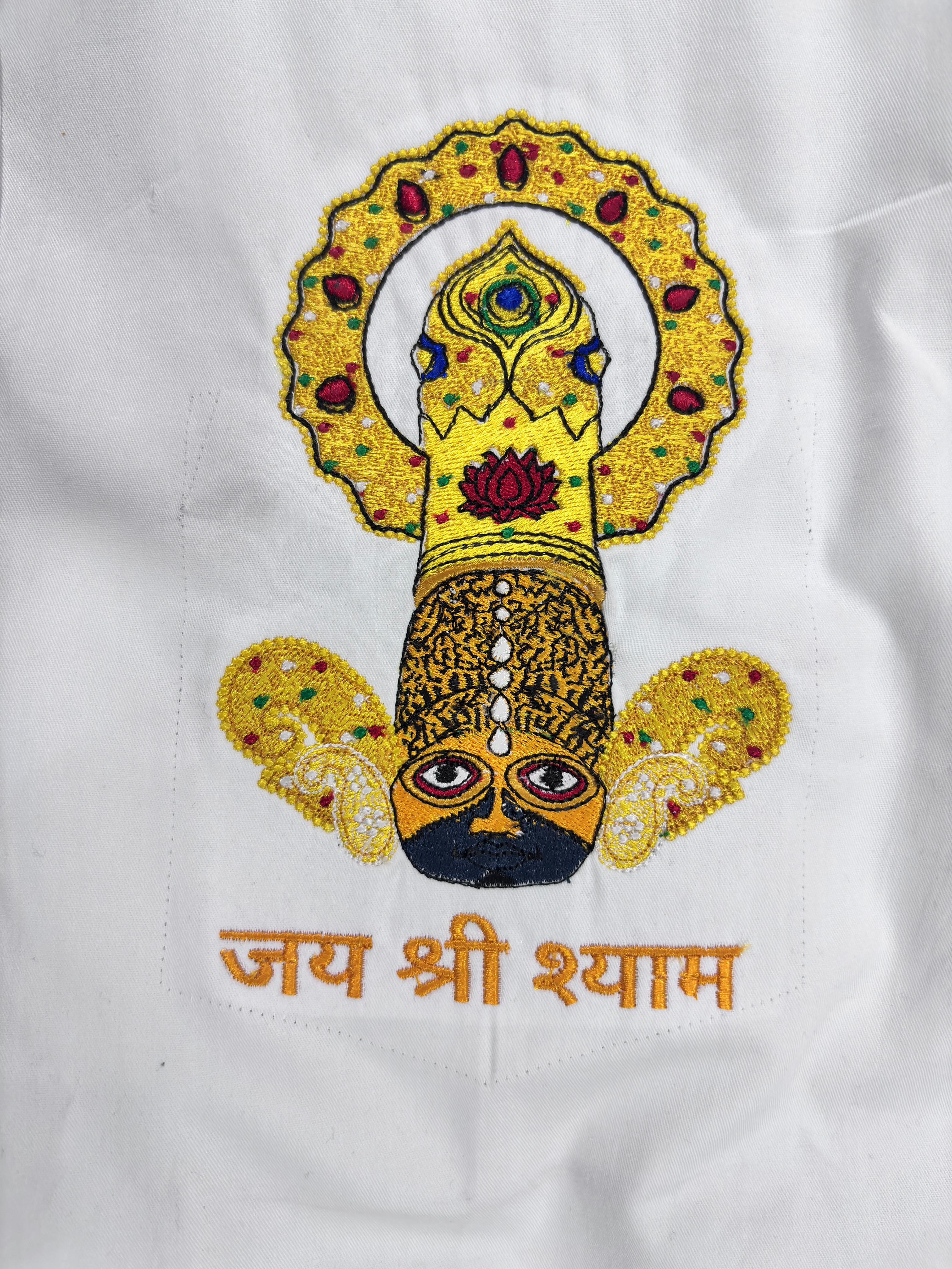 VVM Vastra Premium White Cotton Shirt - Khatu Shyam Ji Heavy Embroidery | Jai Shree Shyam Spiritual Luxury Wear