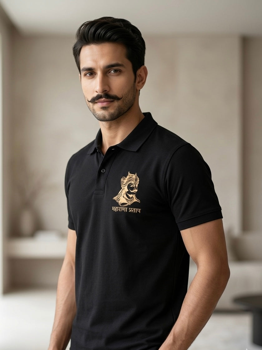 VVM Vastra Kshatriya Premium Embroidered Black Polo T-Shirt - Heavy Cotton with Silver Shine