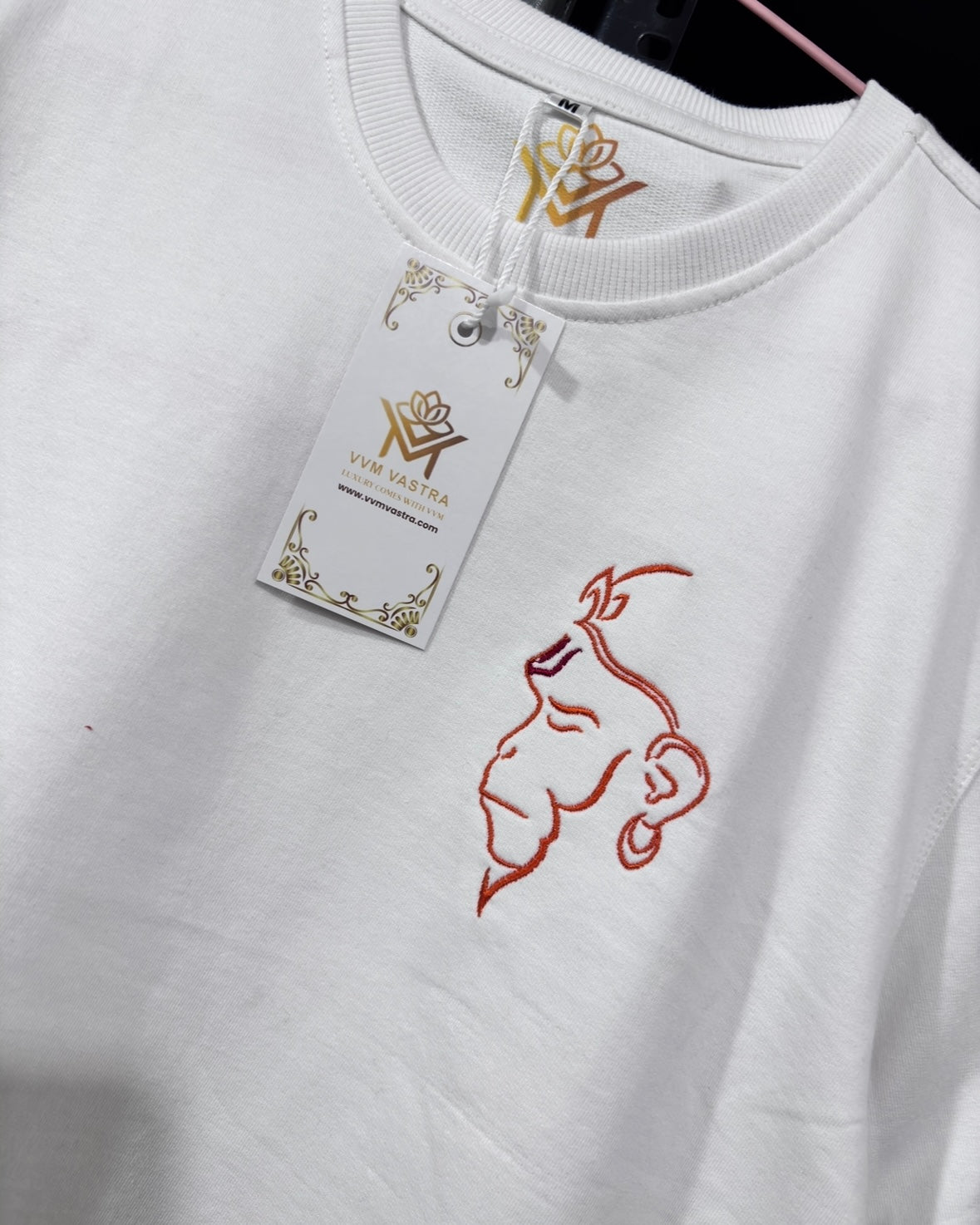 Hanuman Ji Embroidery Premium Cotton T-Shirt - Luxury White Edition | VVM Vastra