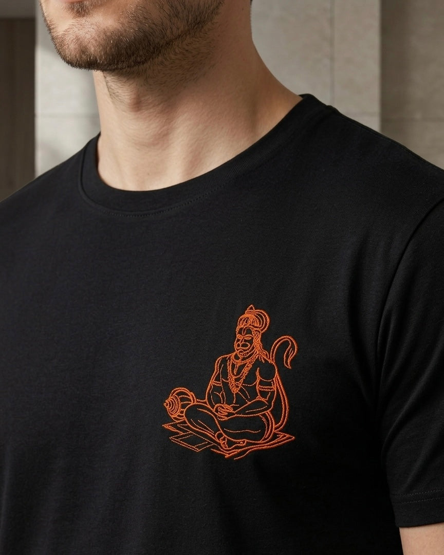 Hanuman Ji Saffron Embroidered Tee | Premium Indian Streetwear