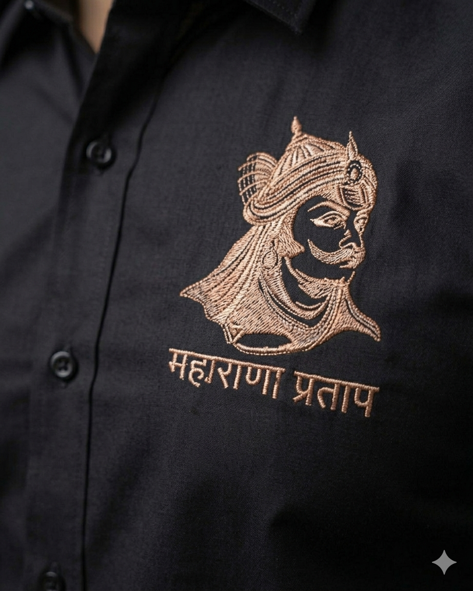 VVM Vastra Maharana Pratap Premium Cotton Shirt - Rajputana Pride Embroidery | Heavy Cotton Graphic Shirt for Men