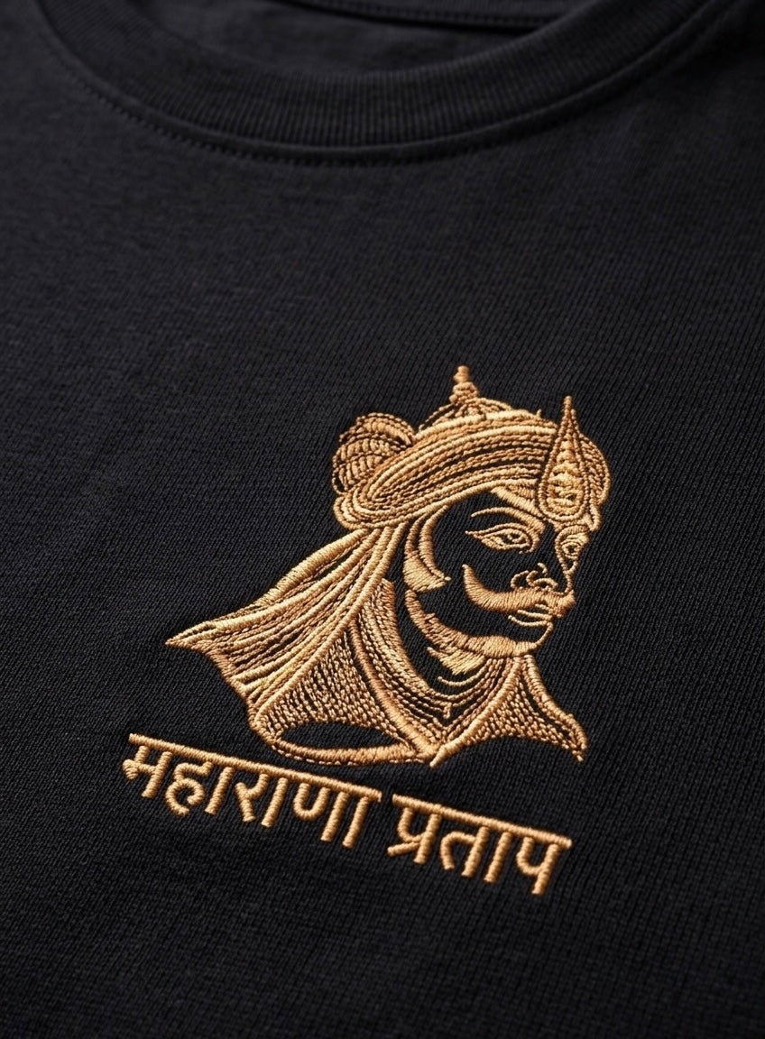 VVM Vastra Maharana Pratap Premium Cotton T-Shirt - Rajputana Pride Embroidery | Heavy Cotton Graphic Tee for Men