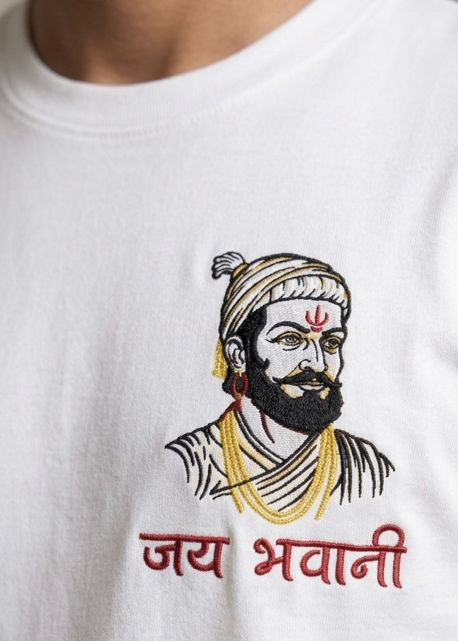 Chhatrapati Shivaji Maharaj Premium Machine Embroidery Round Neck T-Shirt | 100% Pure Cotton Luxury Wear by VVM Vastra