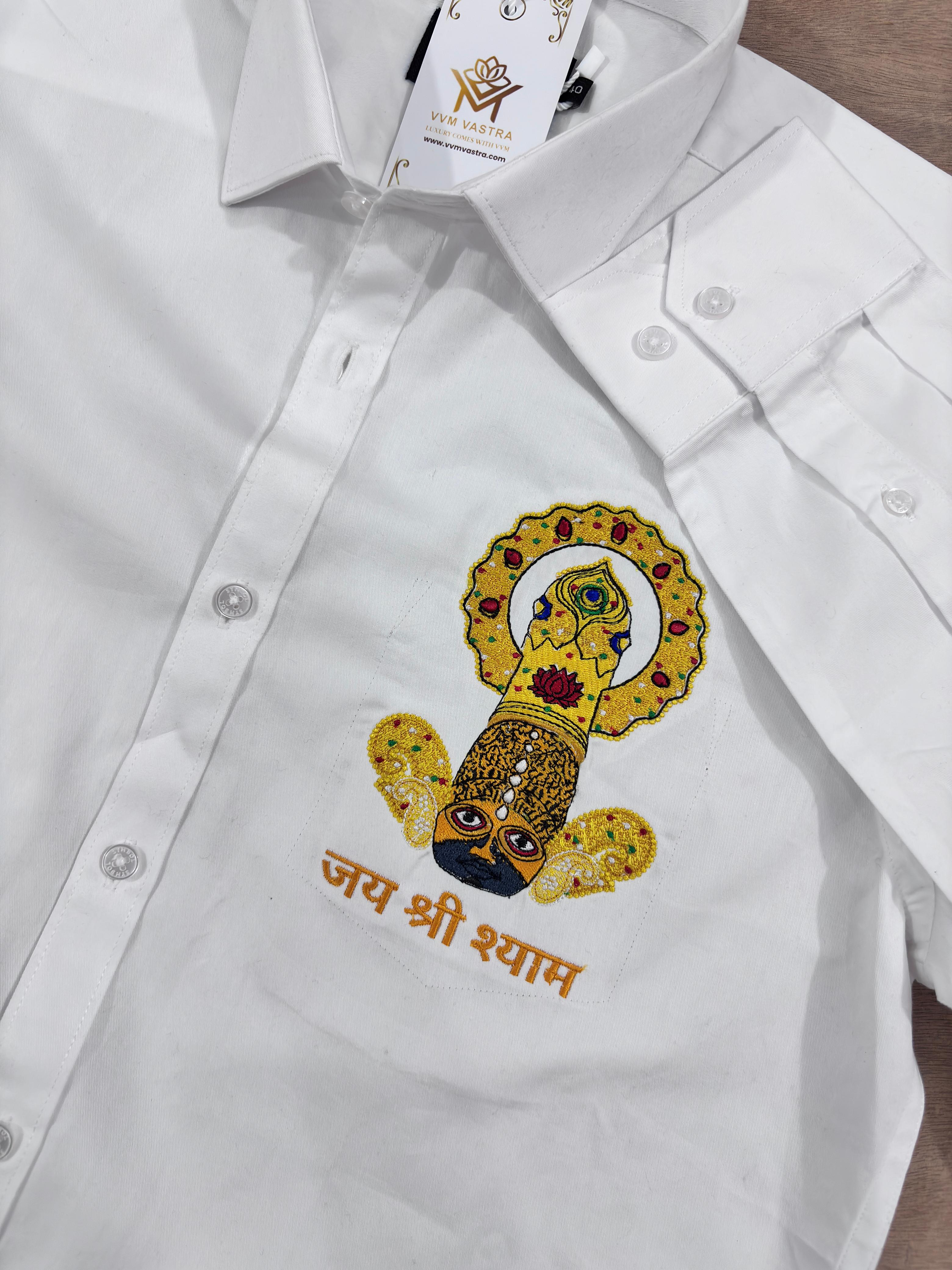 VVM Vastra Premium White Cotton Shirt - Khatu Shyam Ji Heavy Embroidery | Jai Shree Shyam Spiritual Luxury Wear