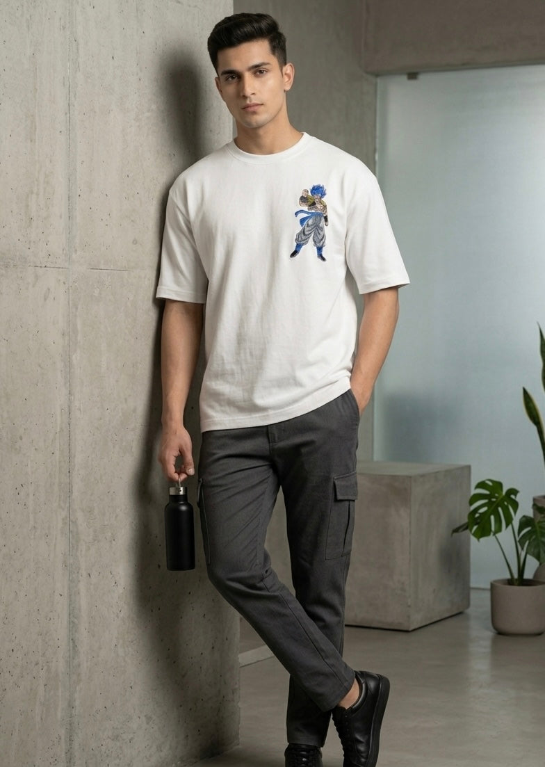 Goku Anime Embroidery White Oversized T-Shirt | VVM Vastra