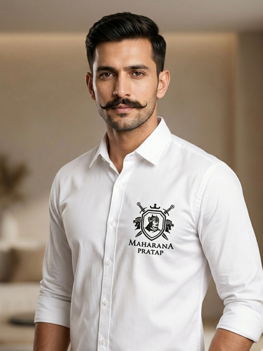 VVM Vastra Maharana Pratap Premium Cotton Shirt - Rajputana Pride Embroidery | Heavy Cotton Graphic Shirt for Men
