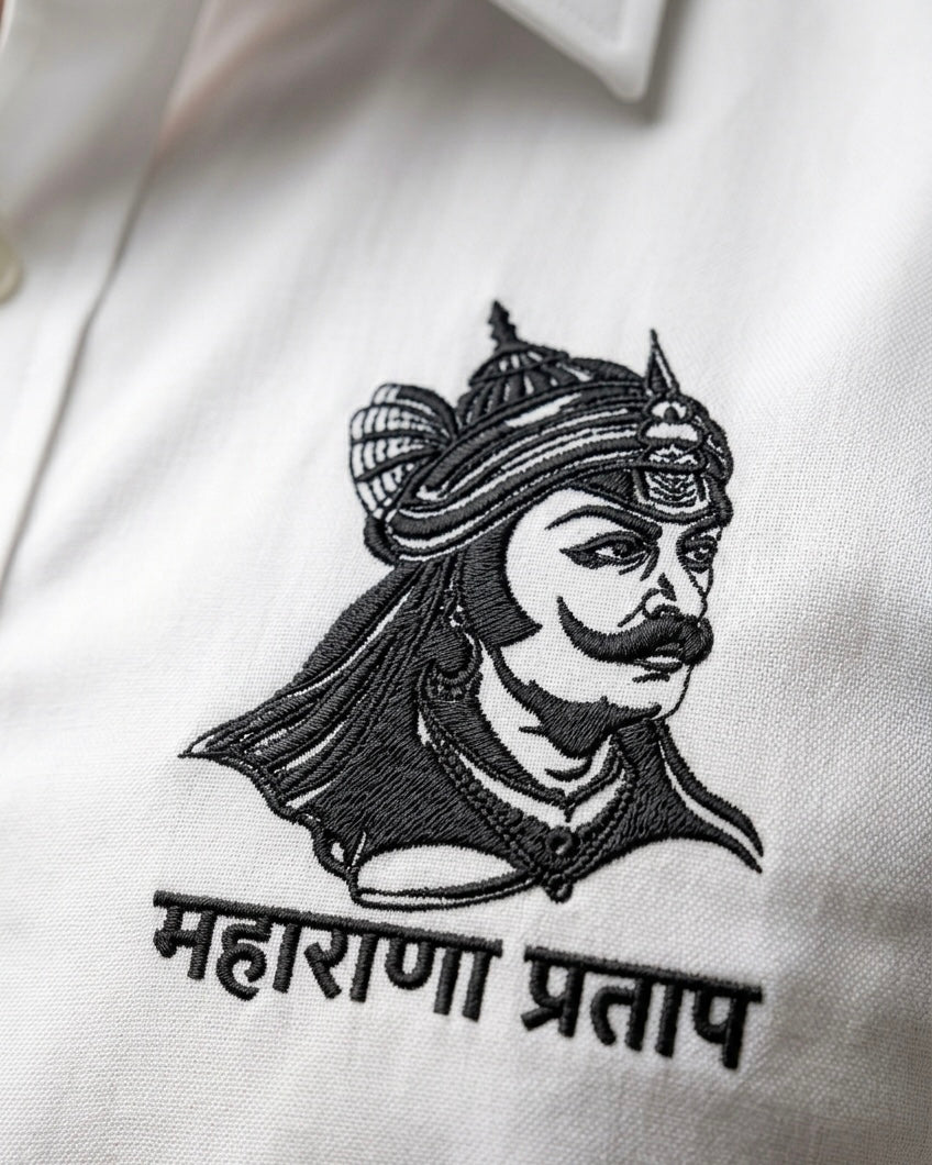 VVM Vastra Maharana Pratap Premium Cotton Shirt - Rajputana Pride Embroidery | Heavy Cotton Graphic Shirt for Men