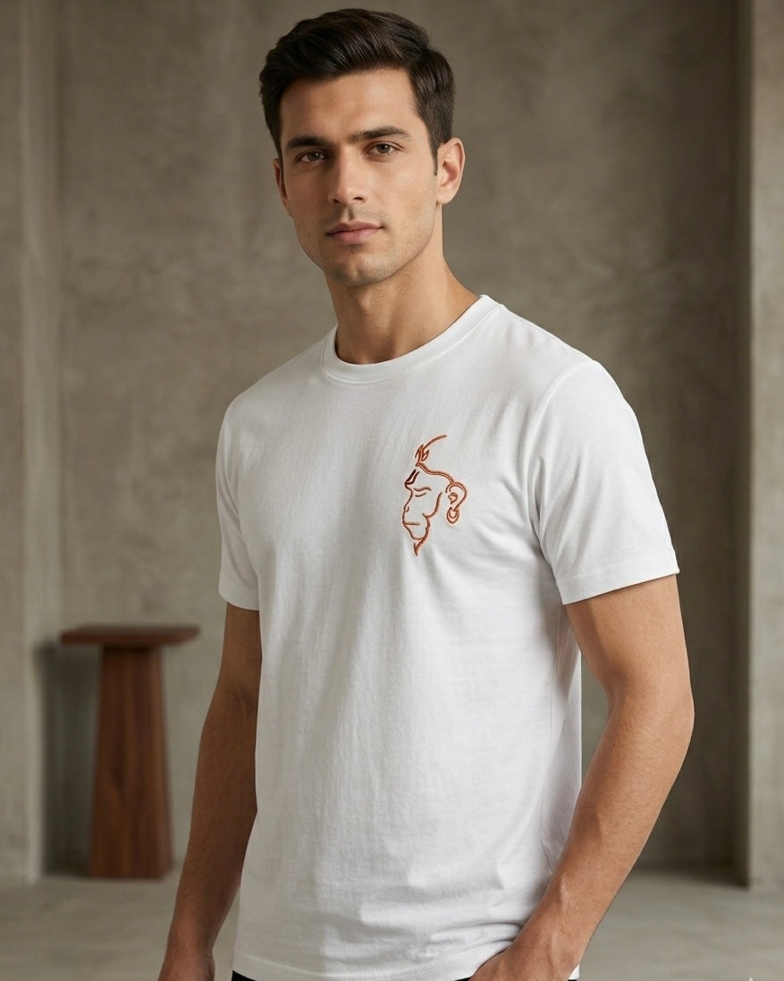 Hanuman Ji Embroidery Premium Cotton T-Shirt - Luxury White Edition | VVM Vastra