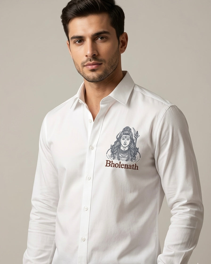 VVM Vastra Premium White Cotton Shirt - Bholenath Detailed Machine Embroidery | Luxury Spiritual Streetwear for Men