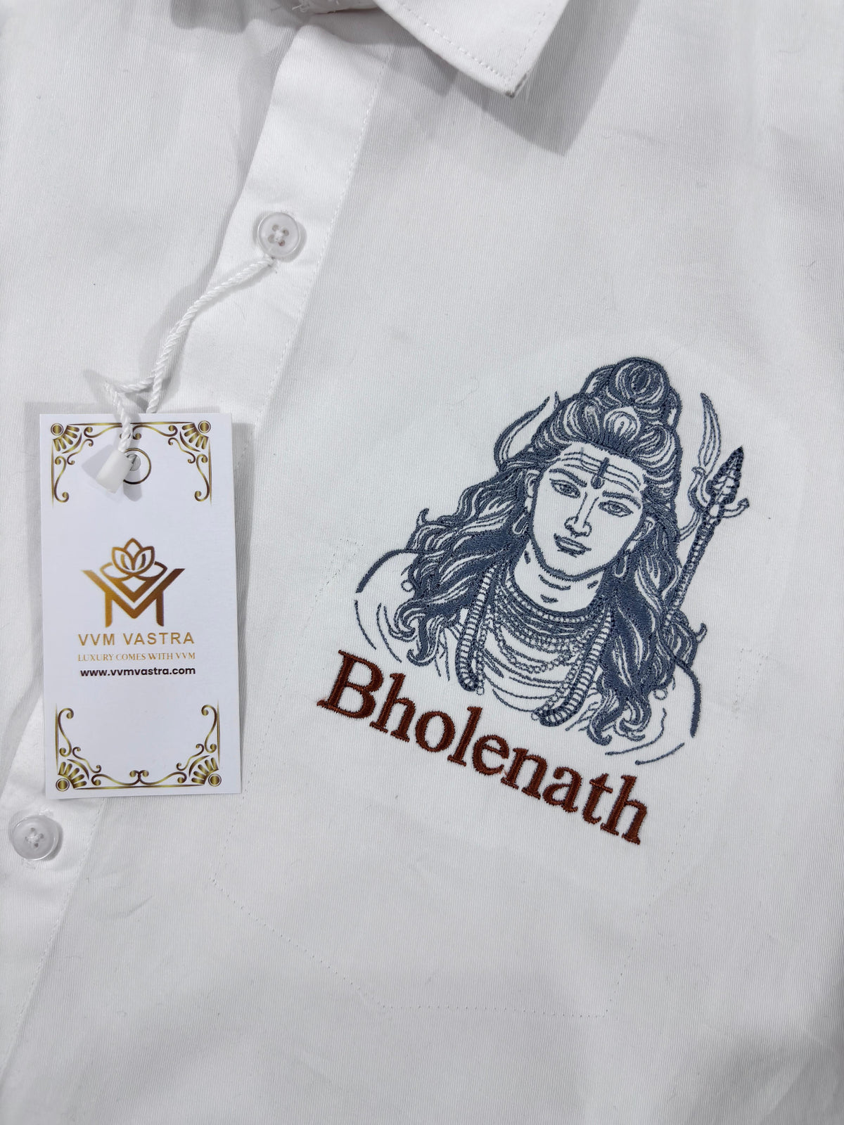 VVM Vastra Premium White Cotton Shirt - Bholenath Detailed Machine Embroidery | Luxury Spiritual Streetwear for Men