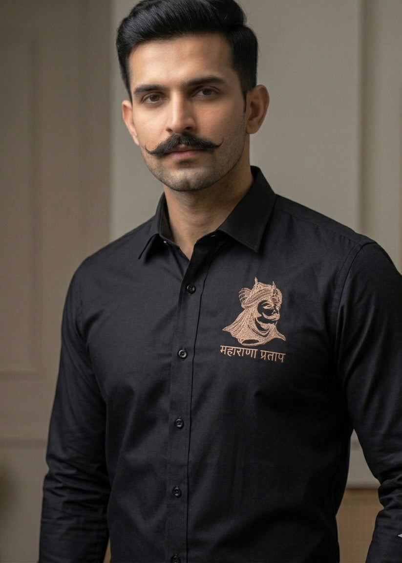 VVM Vastra Maharana Pratap Premium Cotton Shirt - Rajputana Pride Embroidery | Heavy Cotton Graphic Shirt for Men