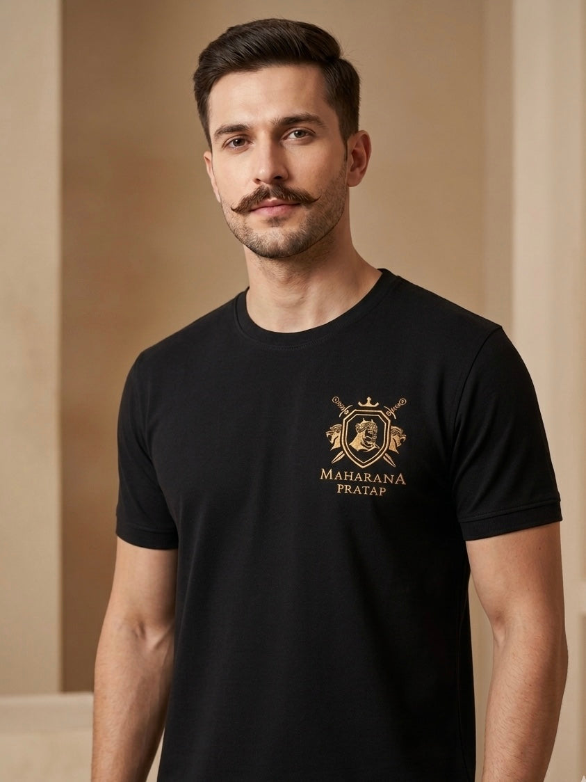 VVM Vastra Maharana Pratap Premium Cotton T-Shirt - Rajputana Pride Embroidery | Heavy Cotton Graphic Tee for Men