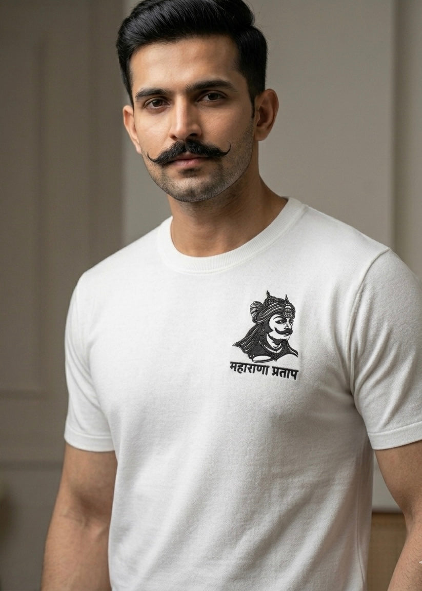 VVM Vastra Maharana Pratap Premium Cotton T-Shirt - Rajputana Pride Embroidery | Heavy Cotton Graphic Tee for Men