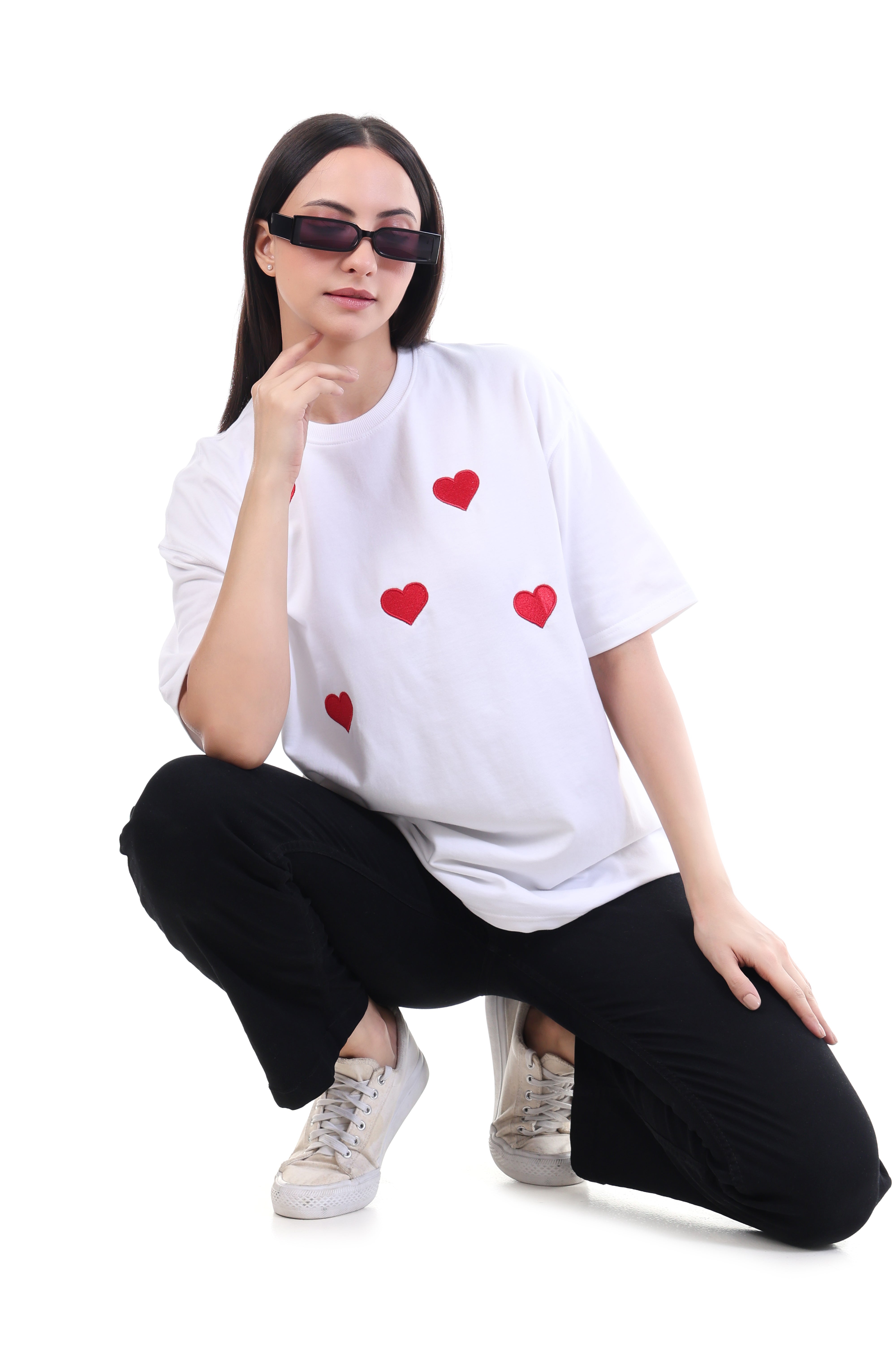 Gentle Heart – White Bunny Embroidered T-Shirt for Women