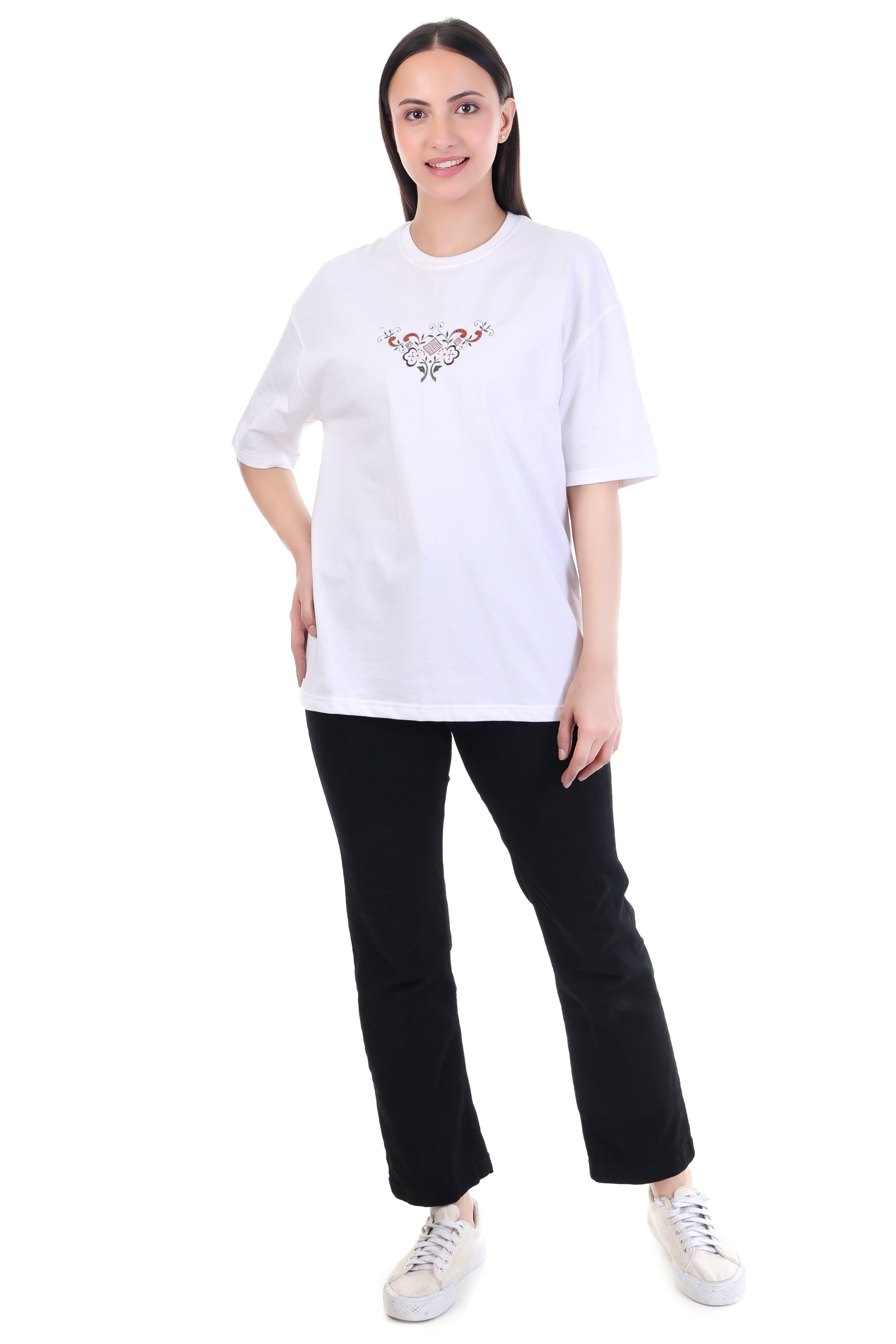 Endless Bloom – White Floral Embroidered T-Shirt for Women