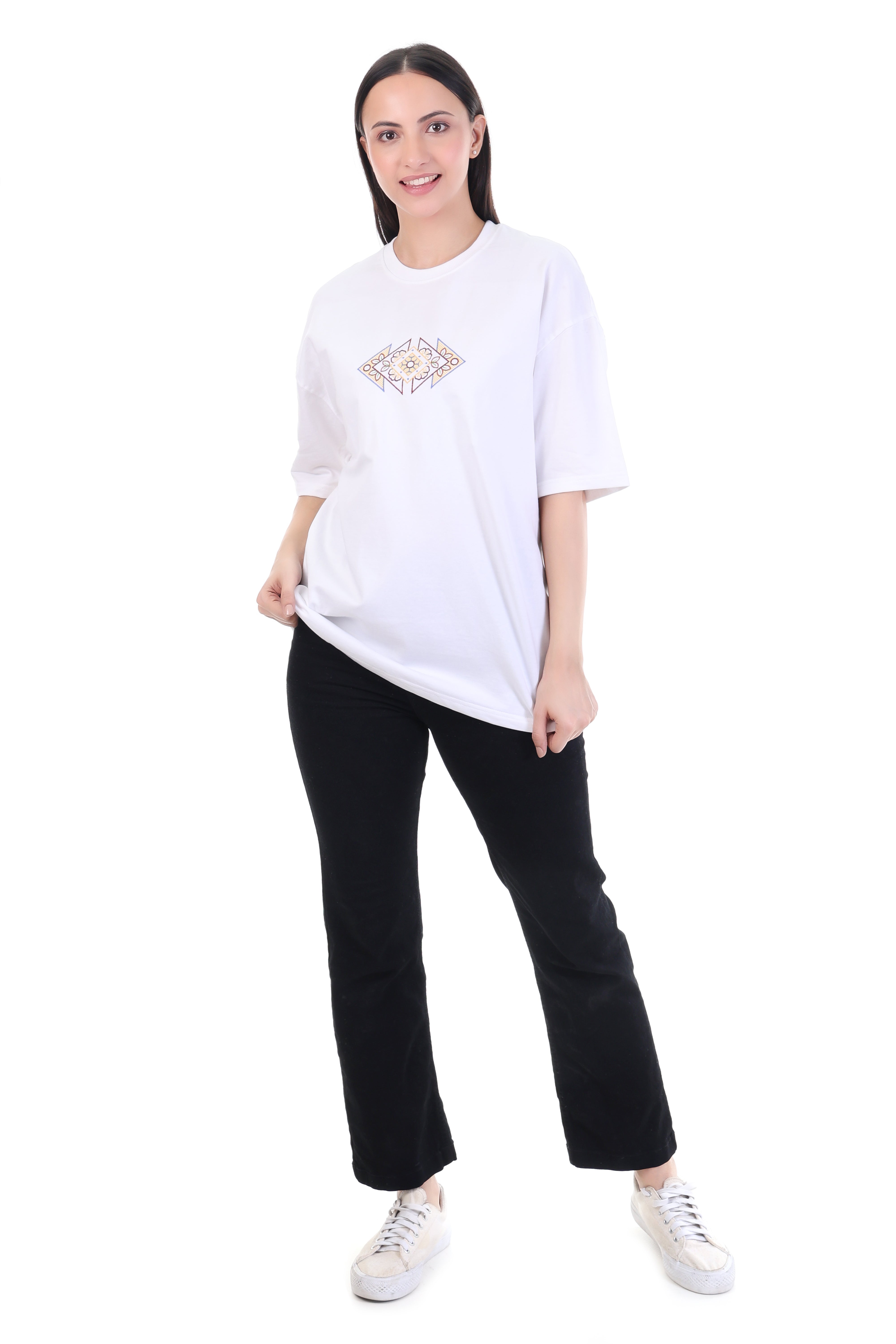 GeoBloom – White Geometric Floral Embroidered T-Shirt for Women | VVM Vastra